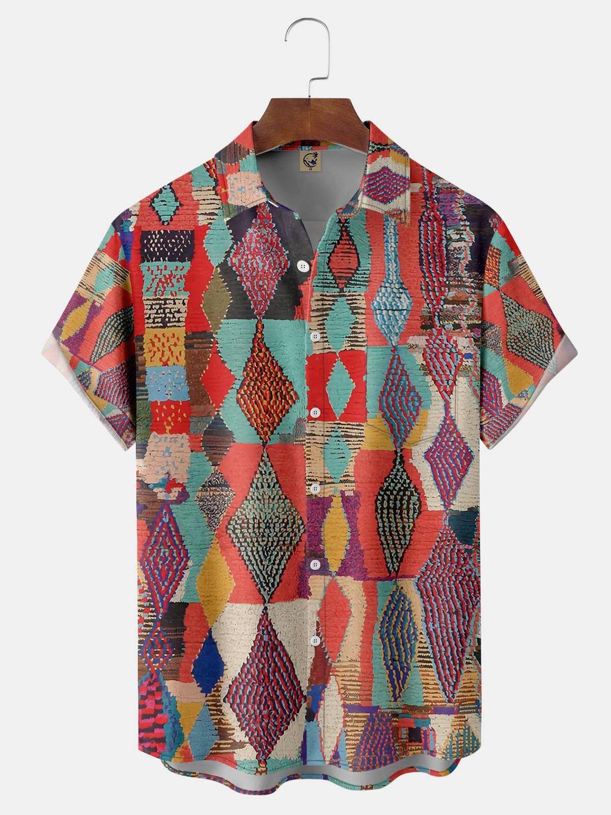 Ethnic Geometric Chest Pocket Short Sleeve Casual Shirt