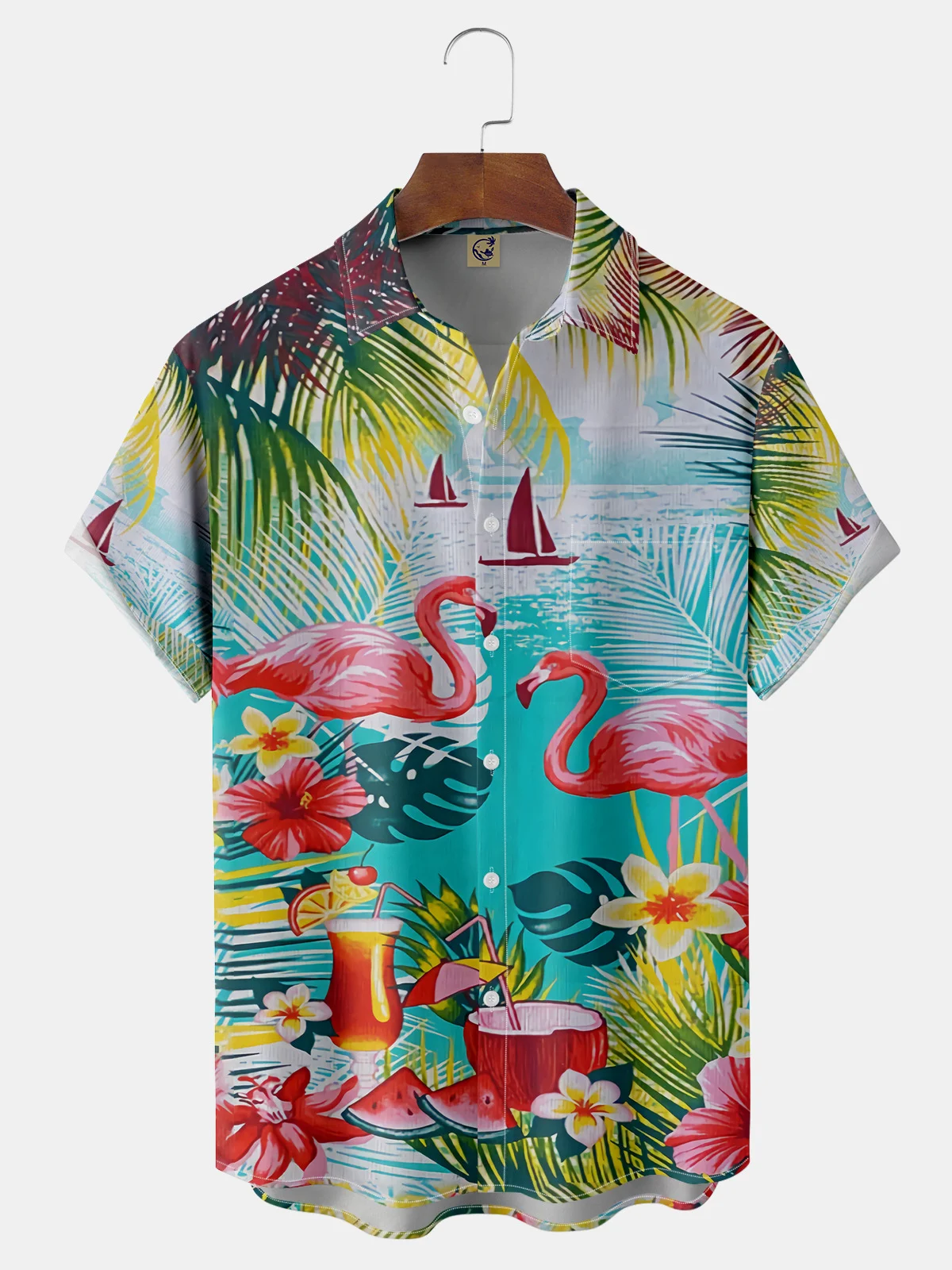 Flamingo Chest Pocket Short Sleeve Hawaiian Shirt