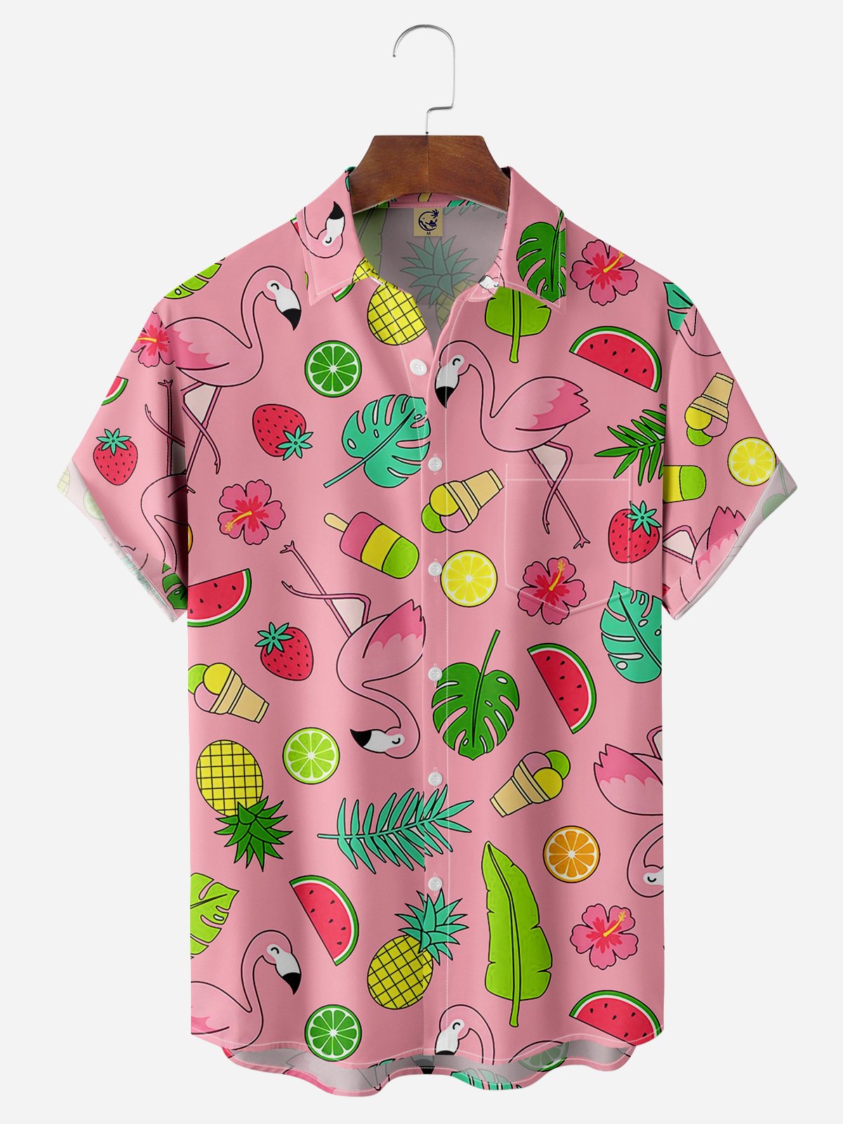 Flamingo Chest Pocket Short Sleeve Hawaiian Shirt