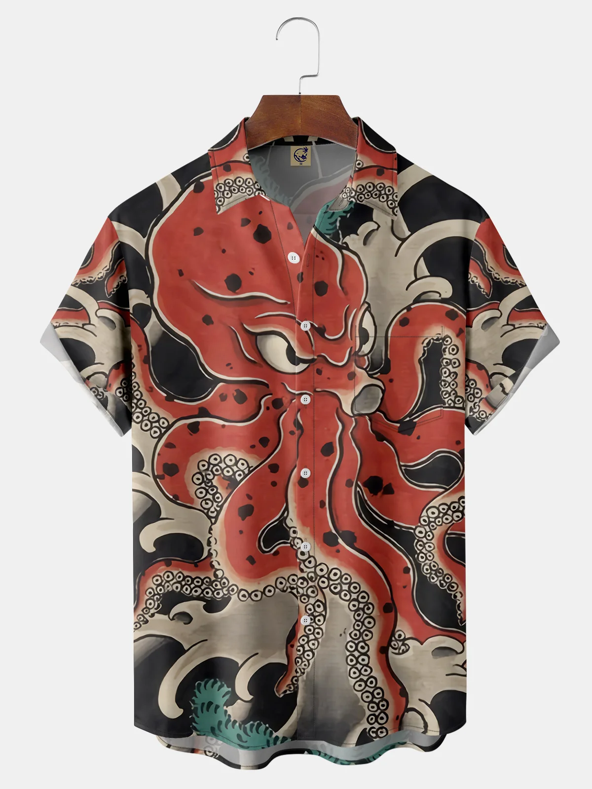 Japanese Ukiyo-e Octopus Chest Pocket Short Sleeve Hawaiian Shirt