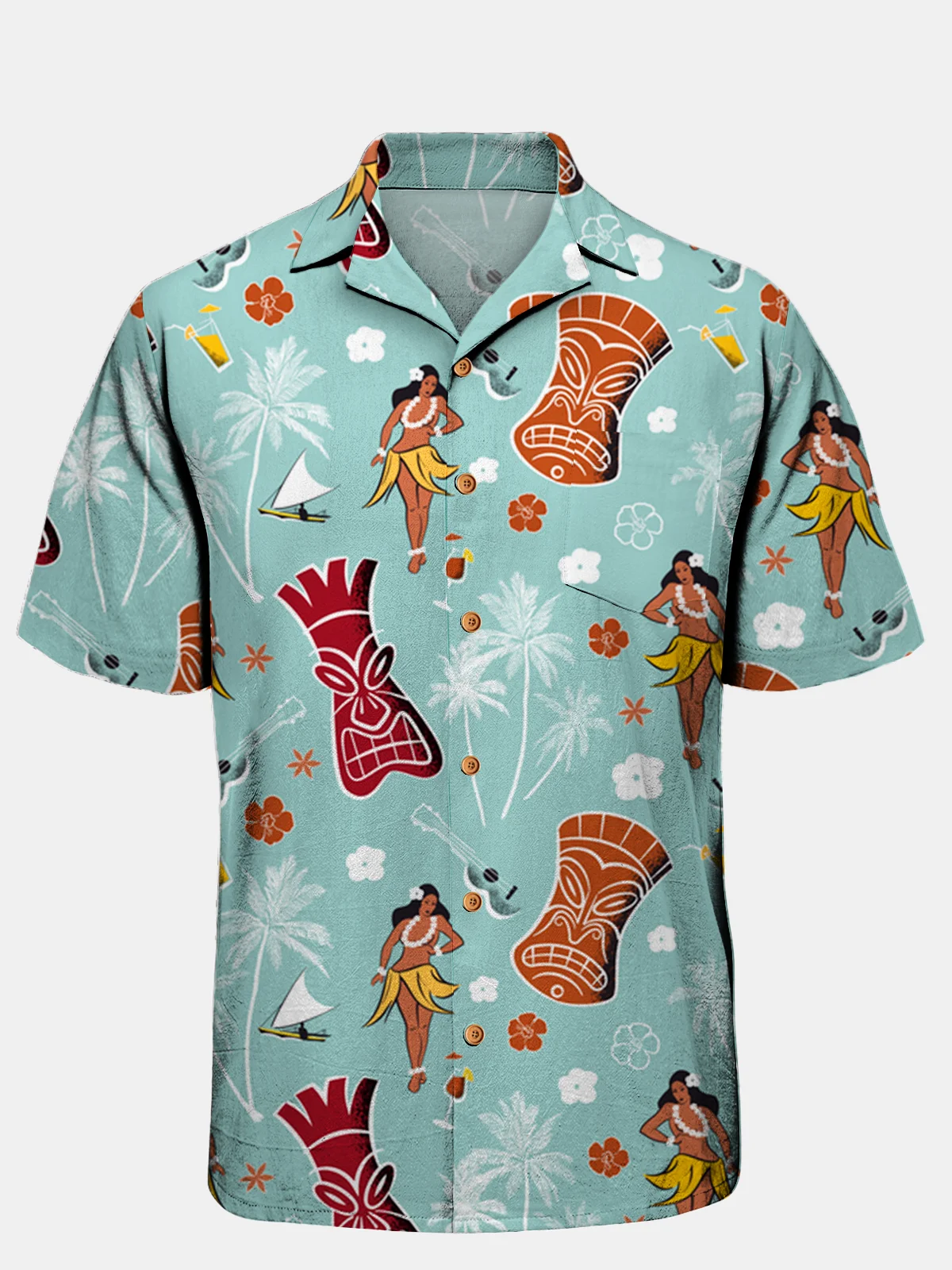 TIKI Coconut Tree Chest Pocket Short Sleeve Aloha Shirt