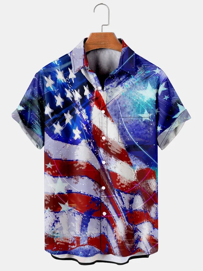 Hardaddy Big Size American Flag Chest Pocket Short Sleeve Shirt | hardaddy