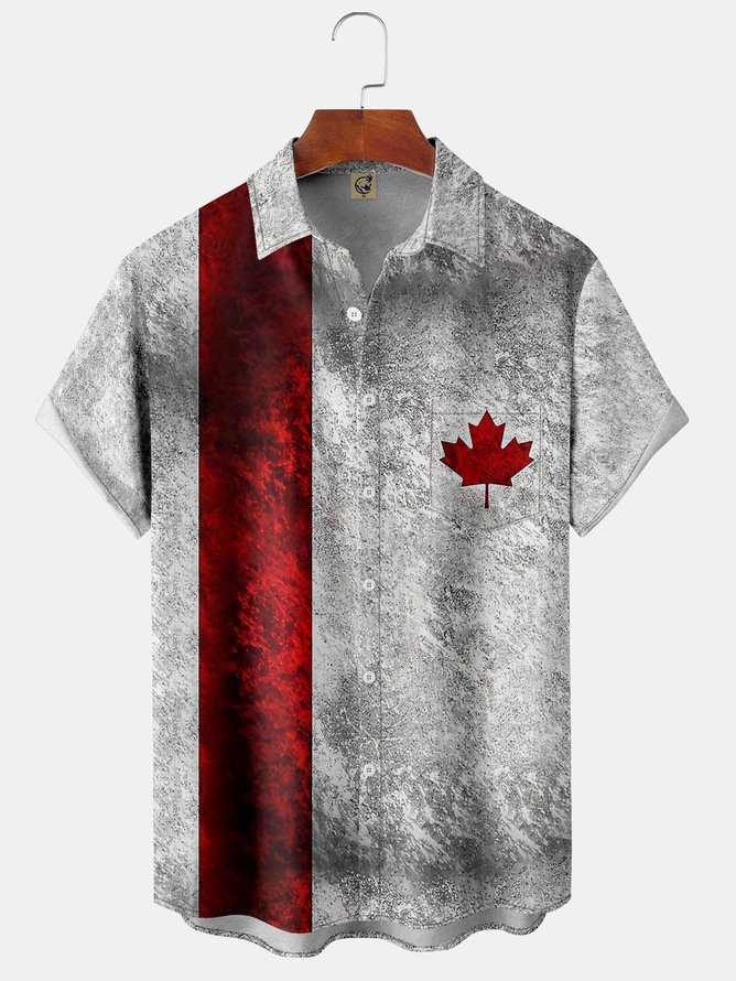 Hardaddy Big Size Canada Day Chest Pocket Short Sleeve Bowling Shirt