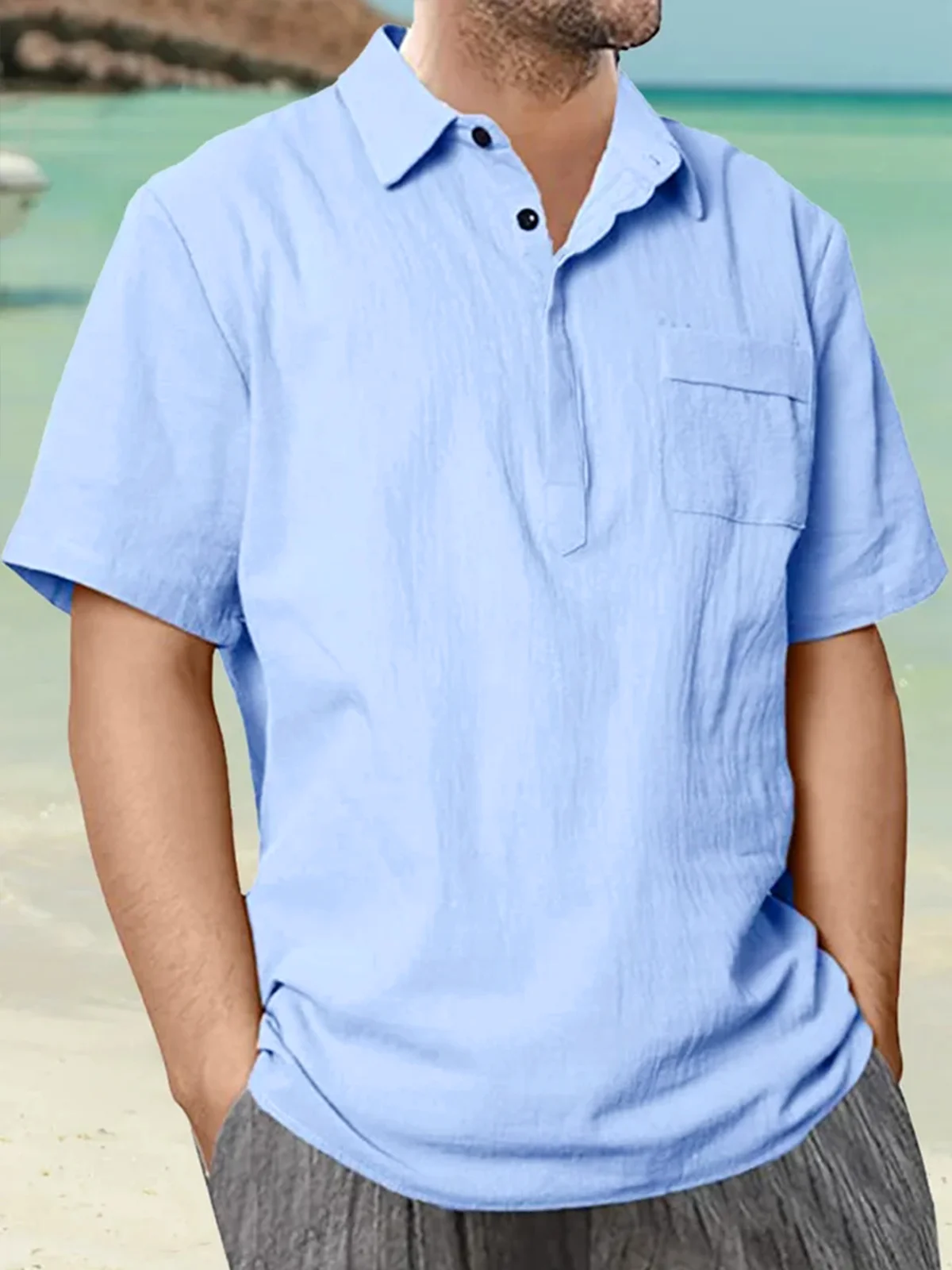 Plain Chest Pocket Short Sleeve Casual Shirt