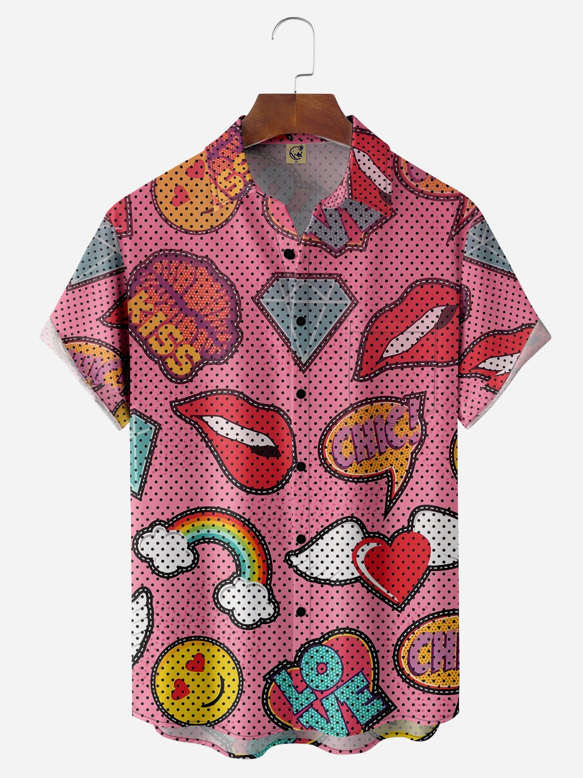 Red Lips Chest Pocket Short Sleeve Hawaiian Shirt