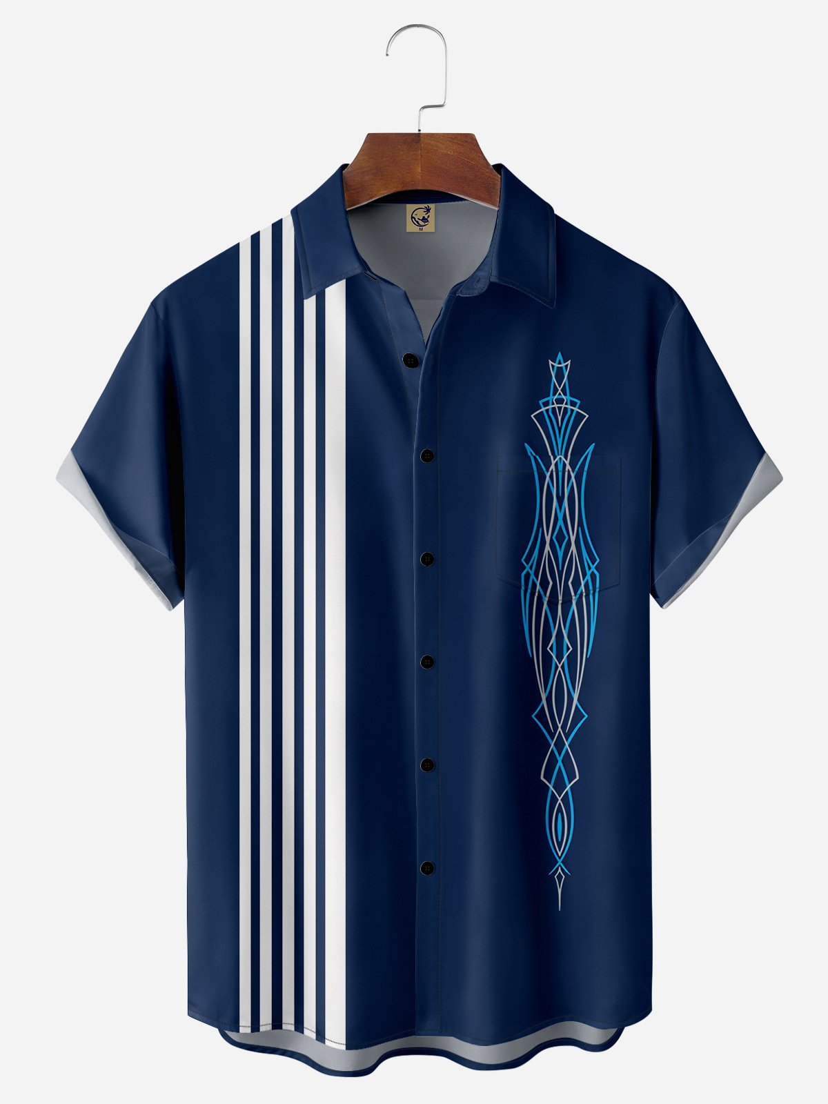 Geometric Stripe Chest Pocket Short Sleeve Bowling Shirt