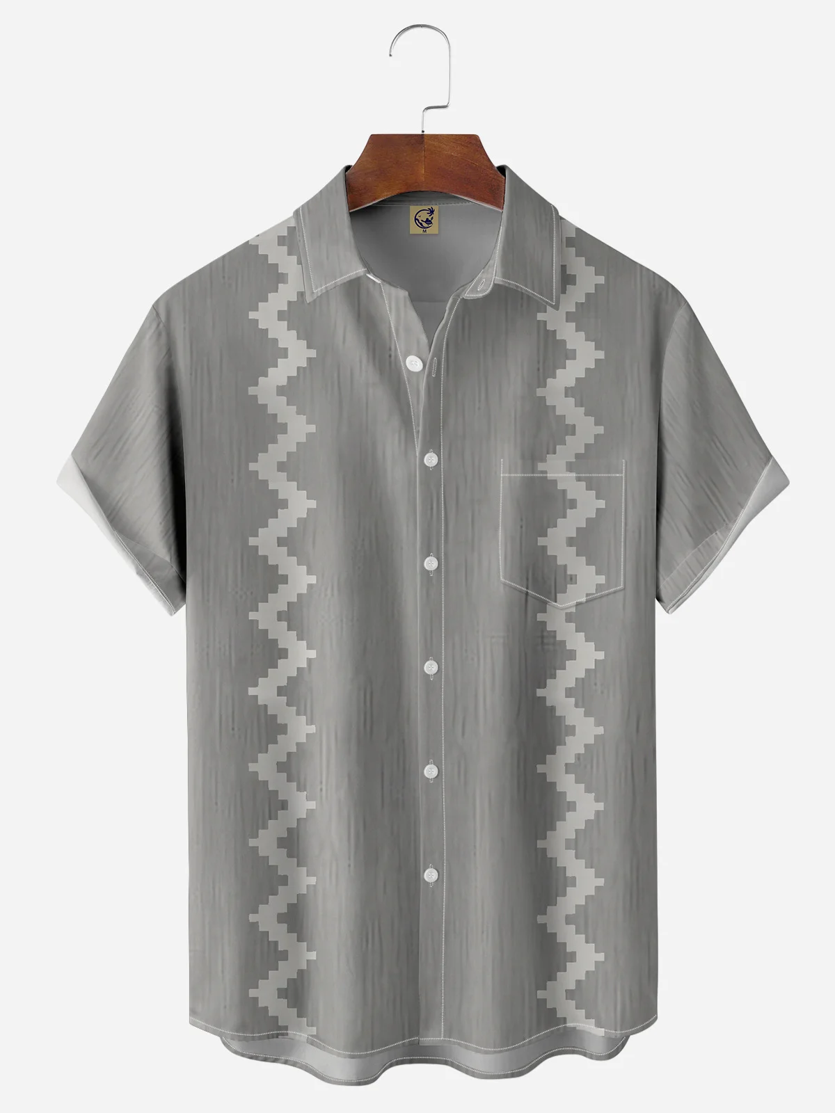 Geometric Ripple Chest Pocket Short Sleeve Bowling Shirt