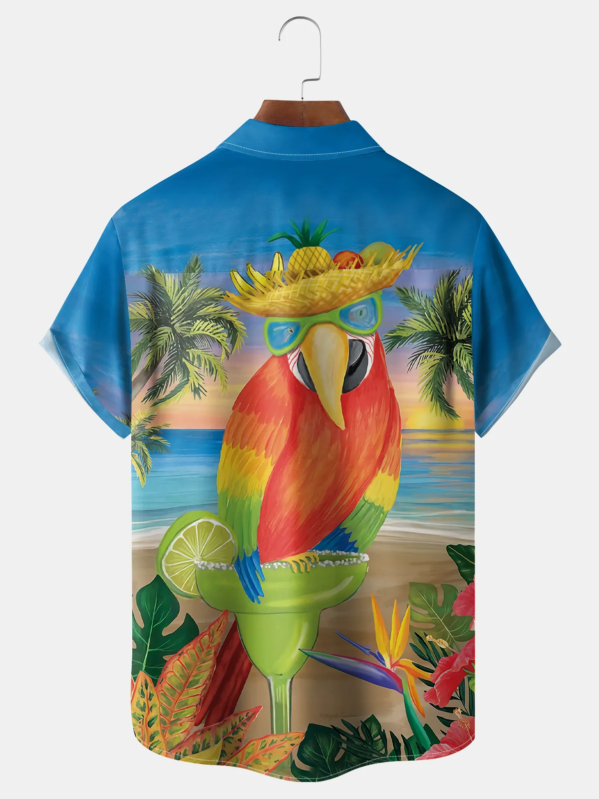 Parrot Coconut Tree Chest Pocket Short Sleeve Hawaiian Shirt