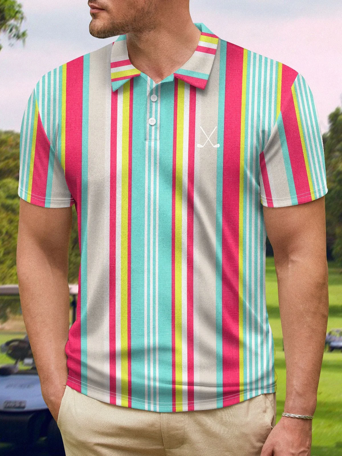 Geometric Stripe Button Short Sleeve Golf Polo Shirt