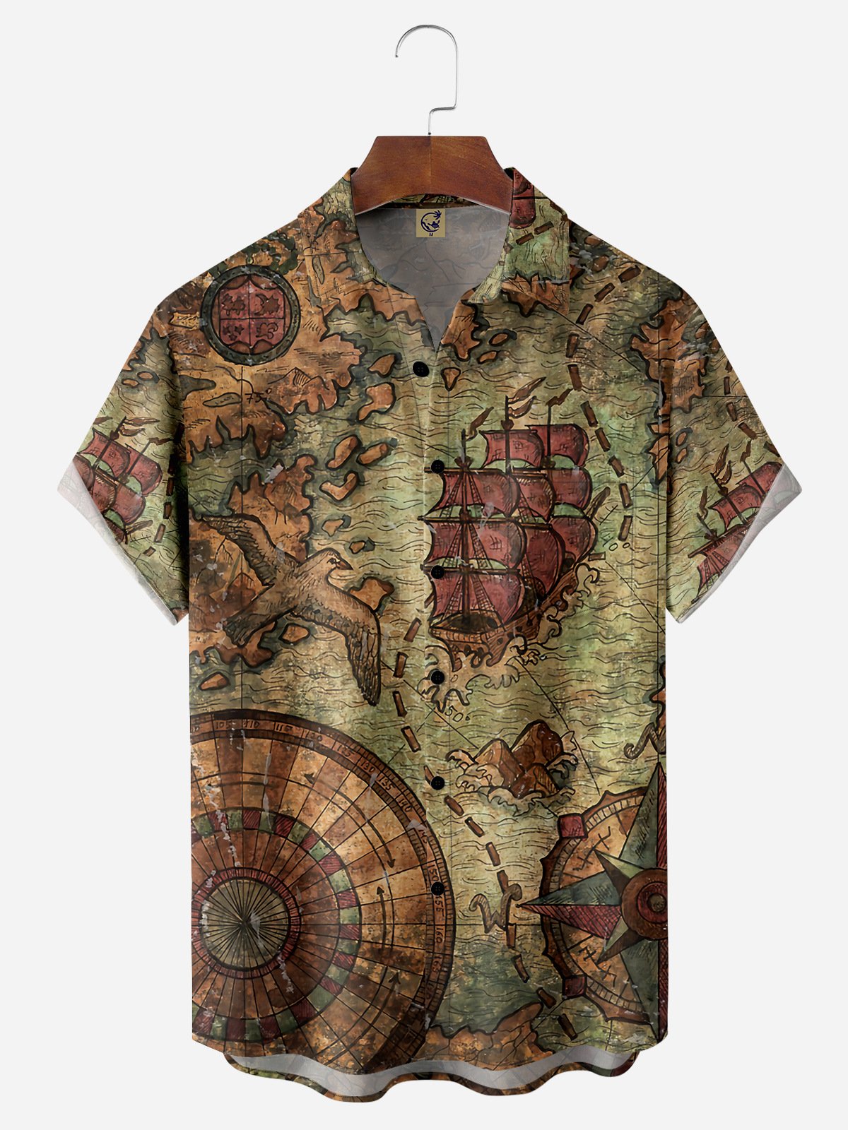 Hardaddy Map Sailboat Chest Pocket Short Sleeve Hawaiian Shirt