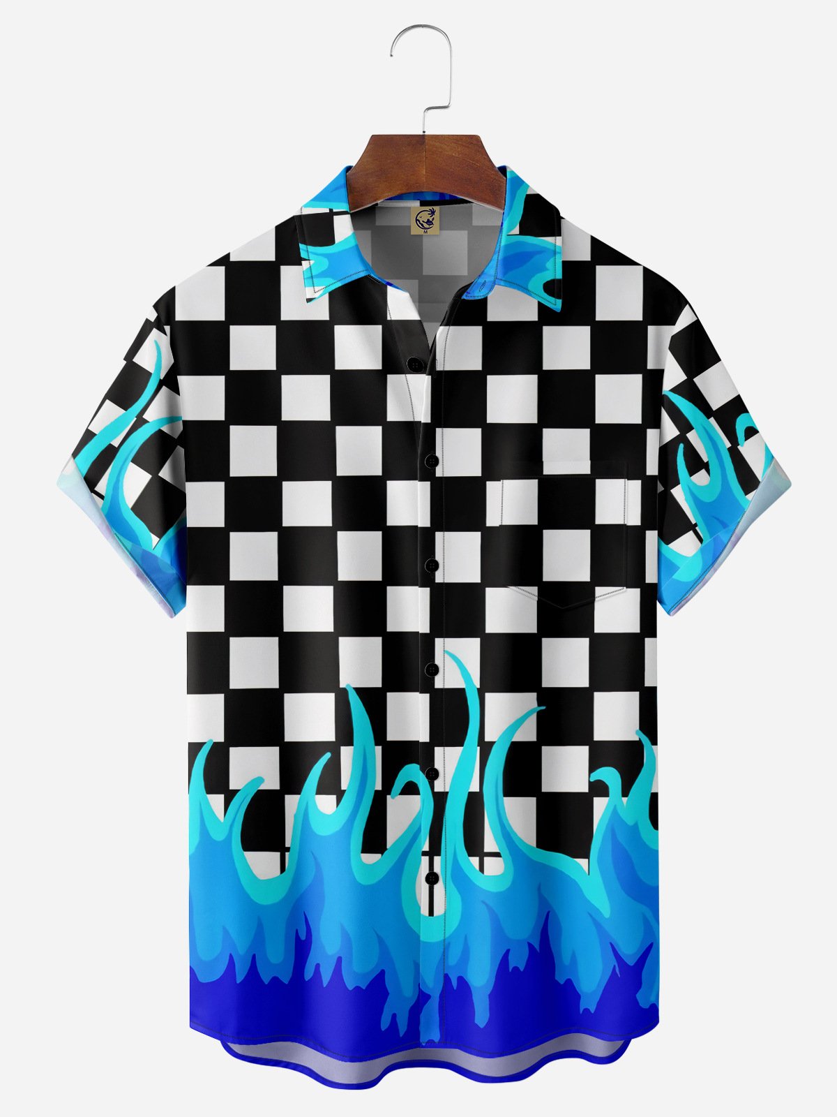 Checkerboard Flame Chest Pocket Short Sleeve Casual Shirt