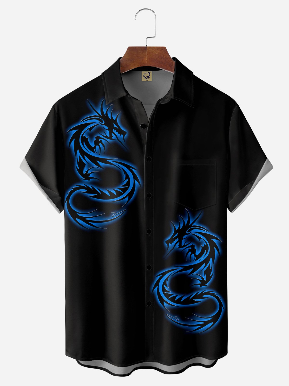 Hardaddy Artistic Dragon Pattern Chest Pocket Short Sleeve Casual Shirt