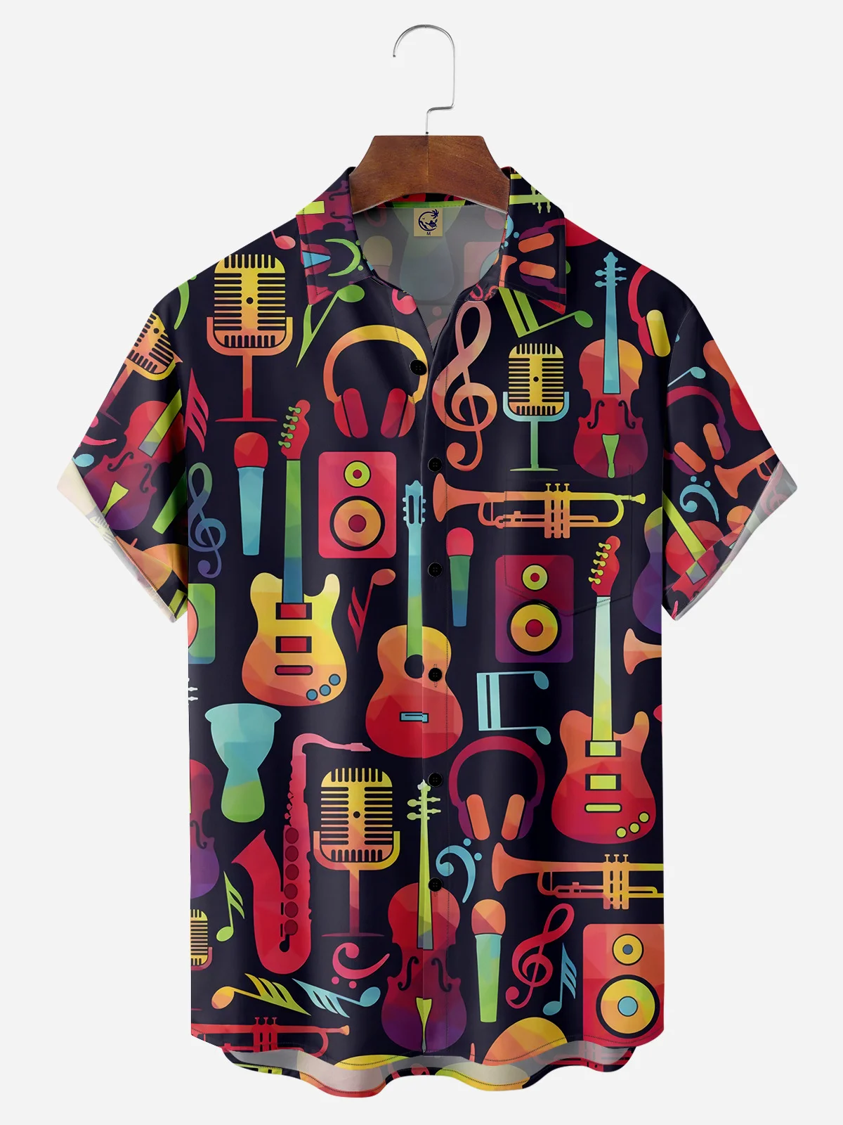 Music Notes Chest Pocket Short Sleeve Casual Shirt