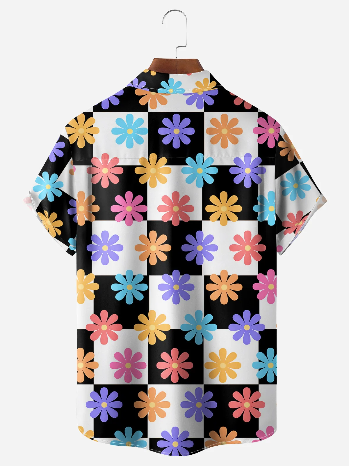 Floral Checkerboard Chest Pocket Short Sleeve Hawaiian Shirt