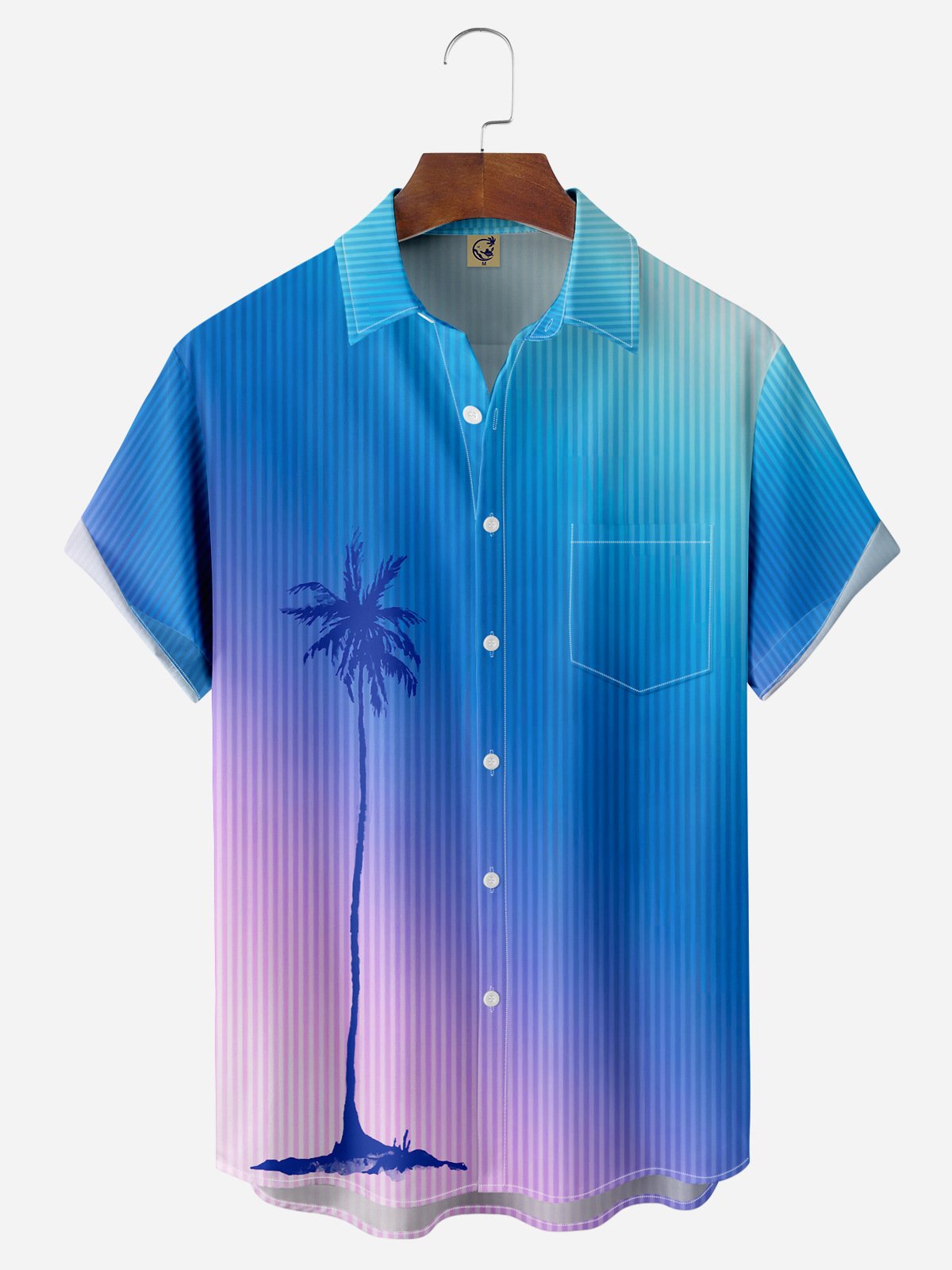 Gradient Coconut Tree Chest Pocket Short Sleeve Hawaiian Shirt