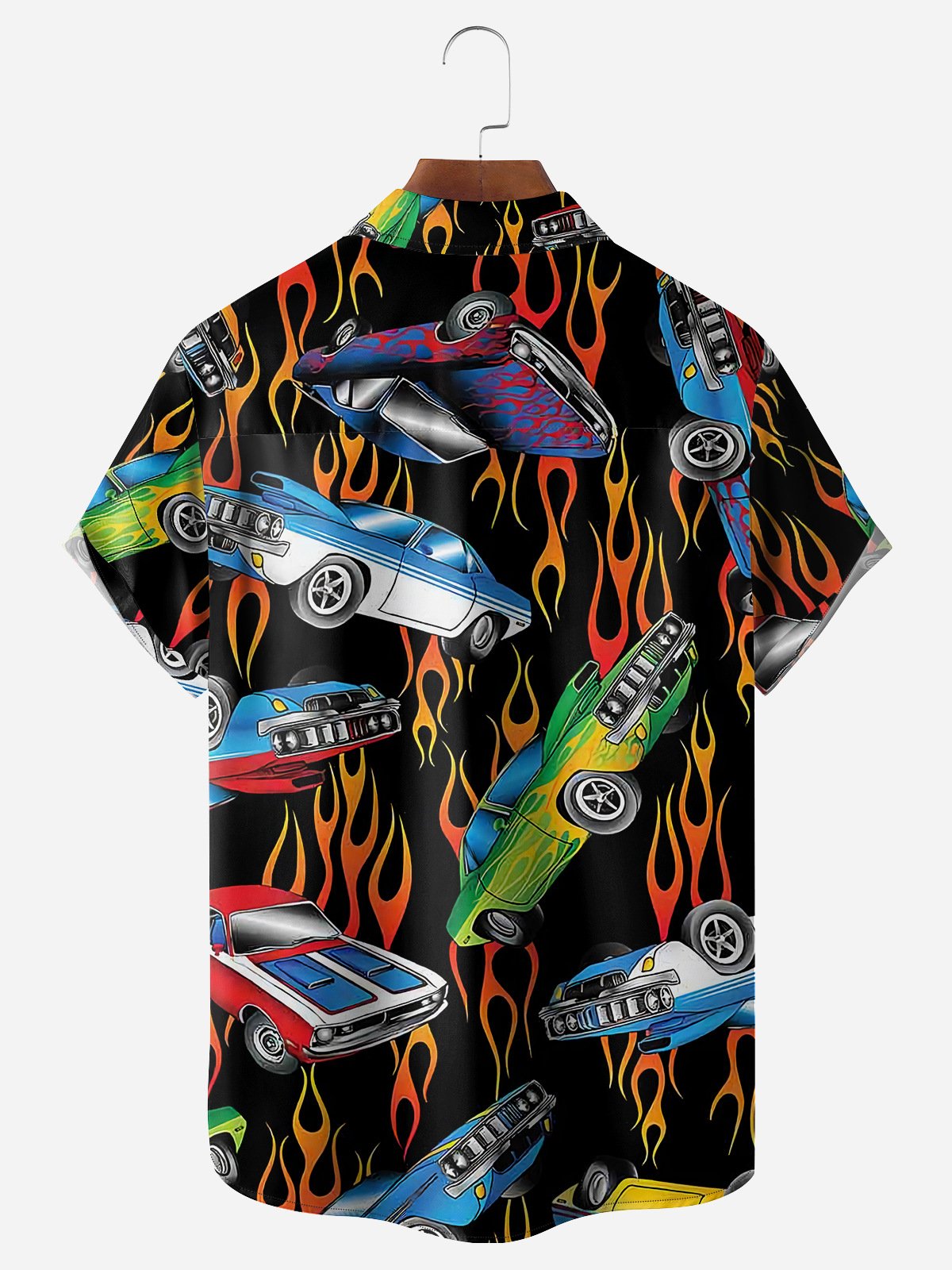 Vintage Car Flame Chest Pocket Short Sleeve Casual Shirt