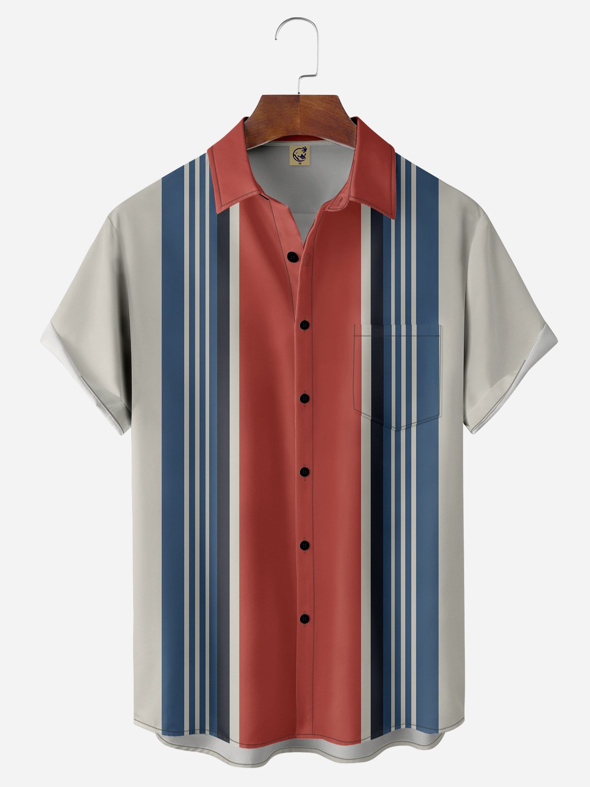 Striped Chest Pocket Short Sleeve Bowling Shirt