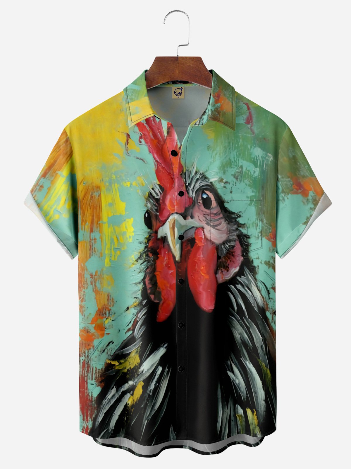 Hardaddy Rooster Painting Chest Pocket Short Sleeve Casual Shirt