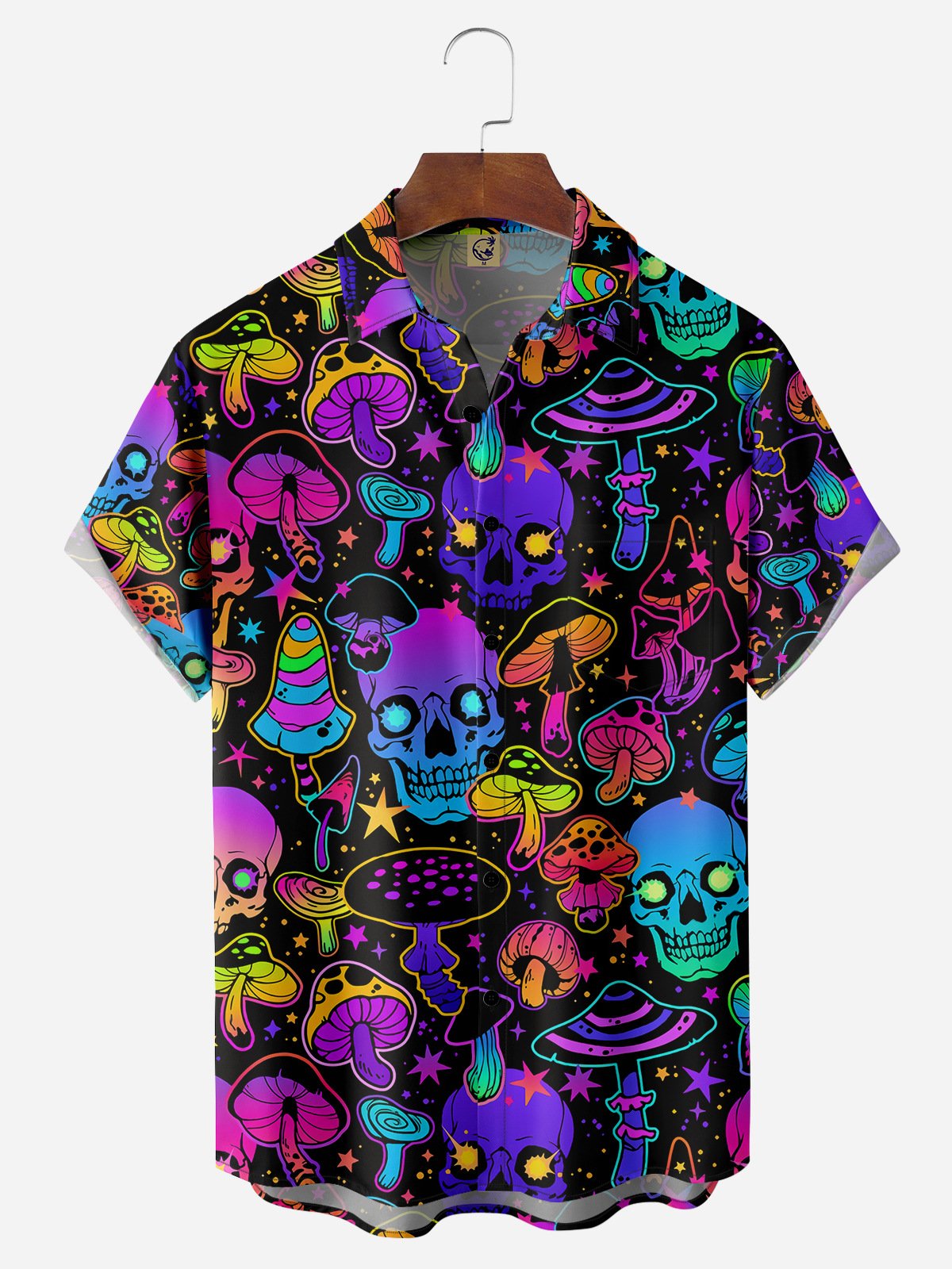 Skull Mushroom Chest Pocket Short Sleeves Casual Shirt