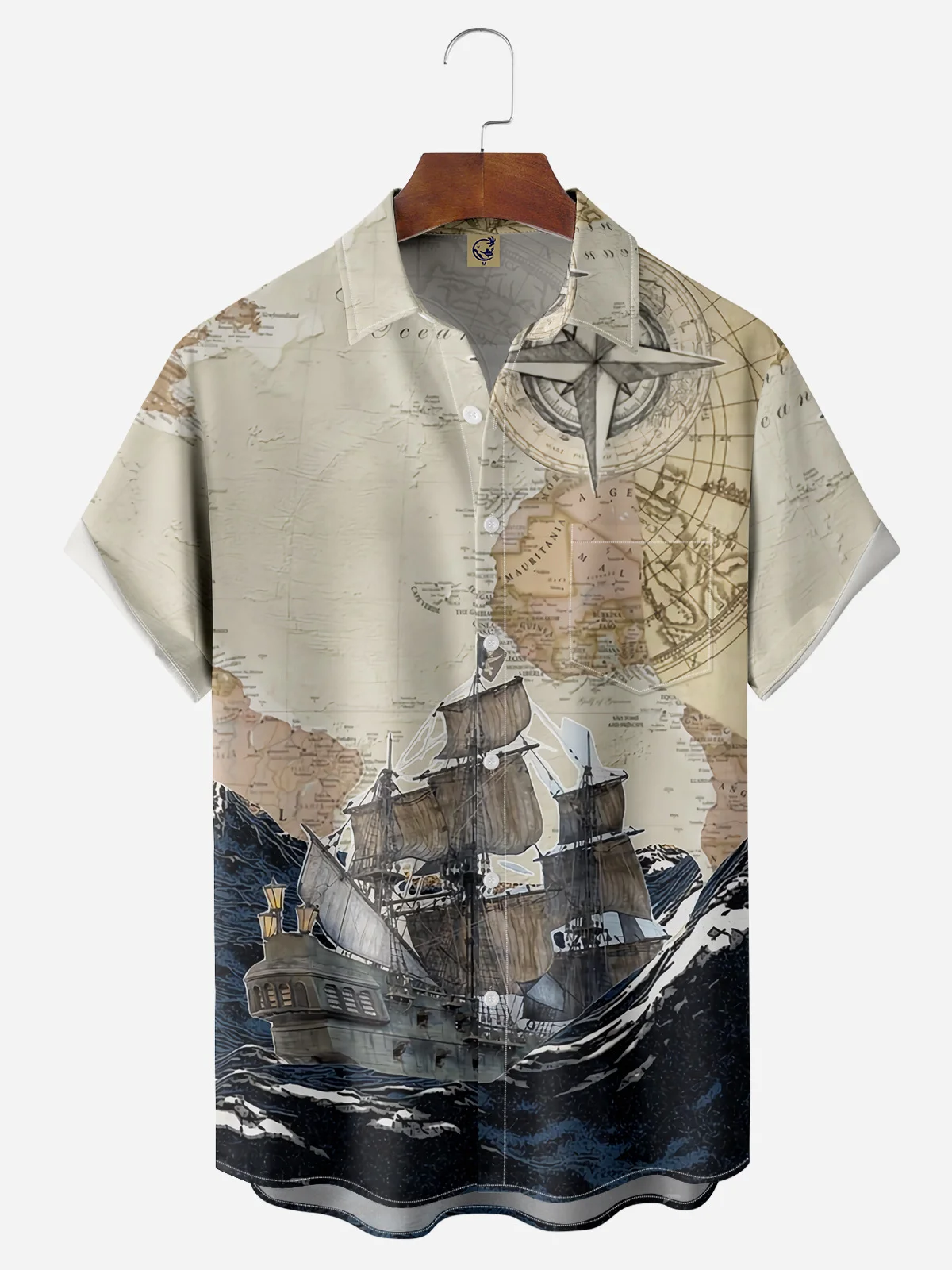 Sailboat Map Chest Pocket Short Sleeve Hawaiian Shirt
