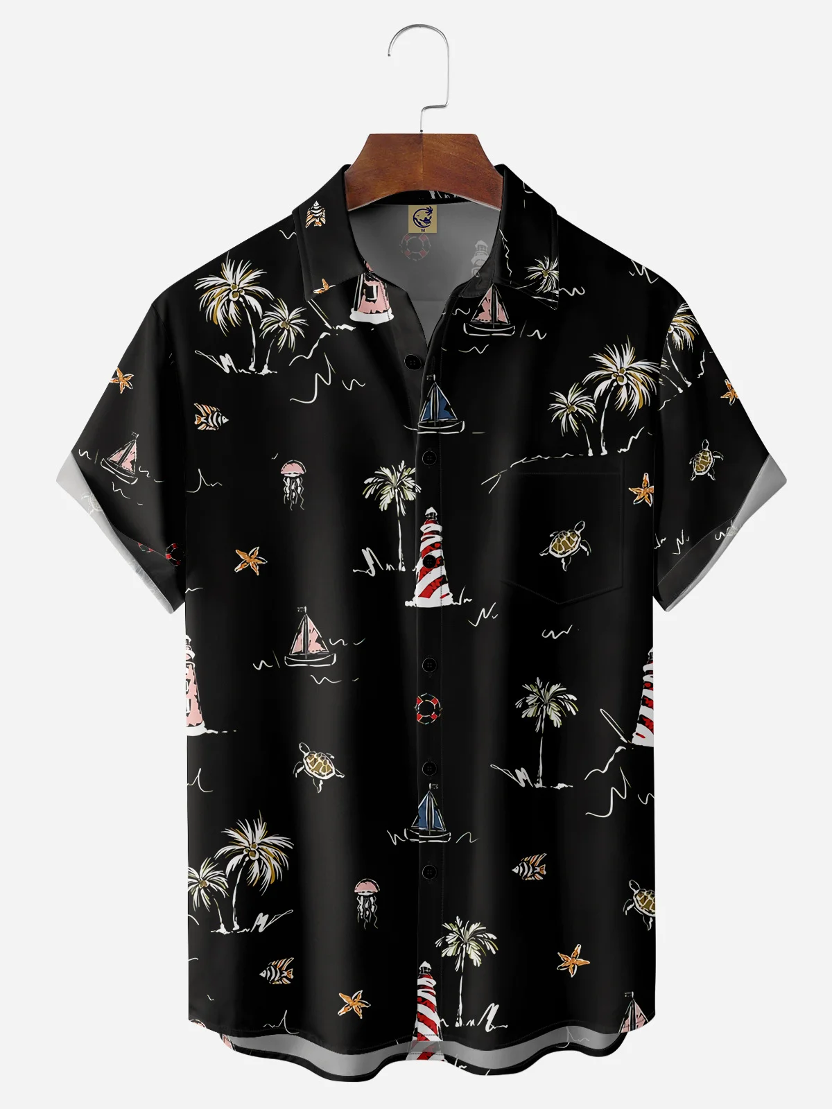 Lighthouse Coconut Tree Chest Pocket Short Sleeve Hawaiian Shirt