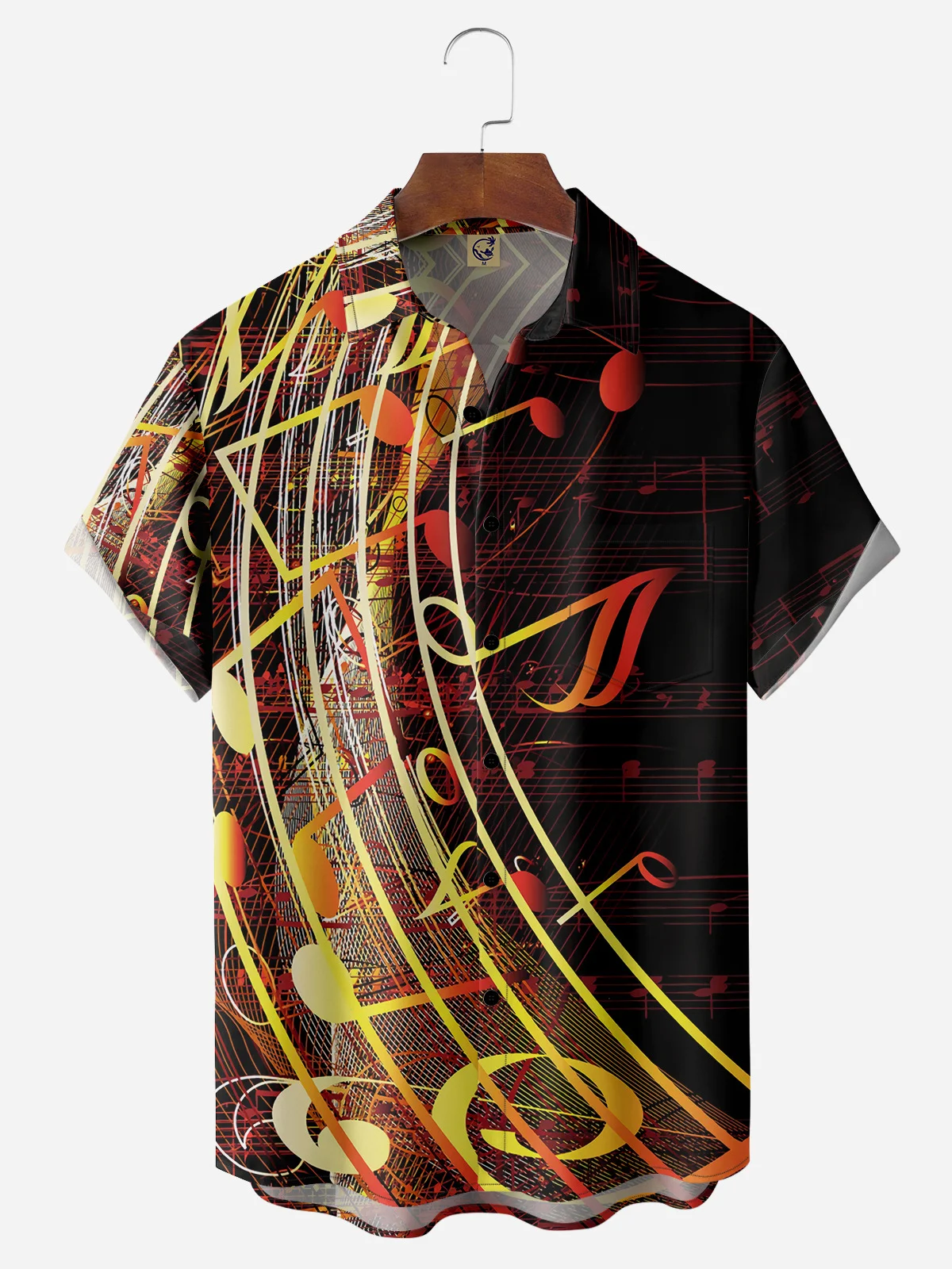 Music Notes Chest Pocket Short Sleeve Casual Shirt