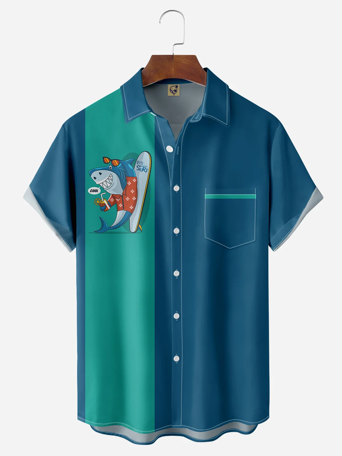 Surfing Shark Chest Pocket Short Sleeve Bowling Shirt