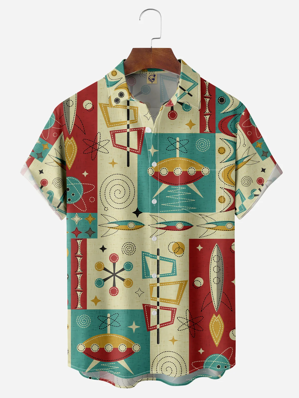 Mid-Century Rocket Chest Pocket Short Sleeve Casual Shirt