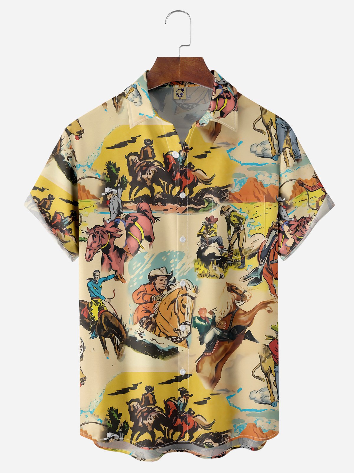 Illustration Horse Chest Pocket Short Sleeve Casual Shirt