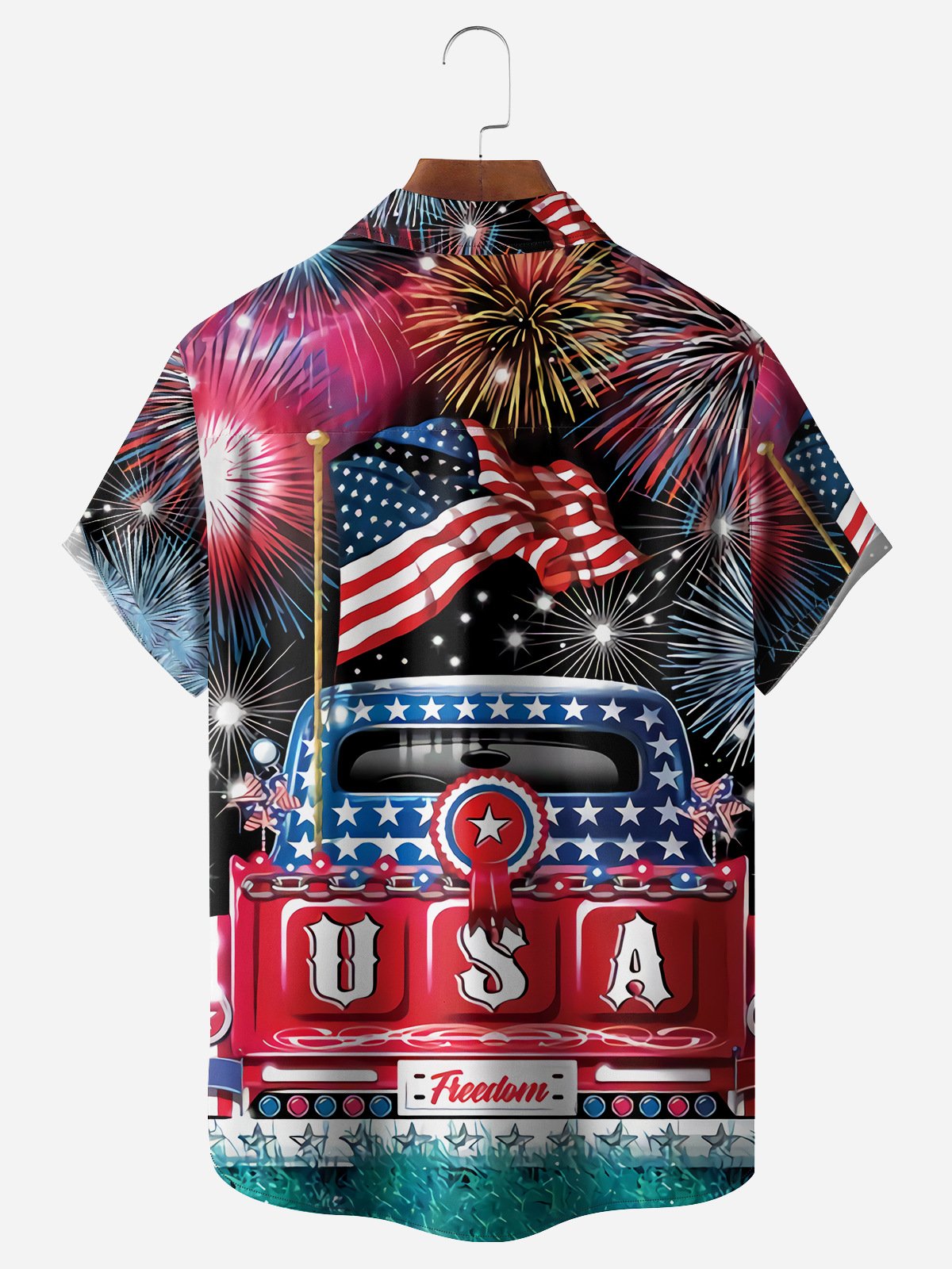 American Flag Car Chest Pocket Short Sleeve Casual Shirt
