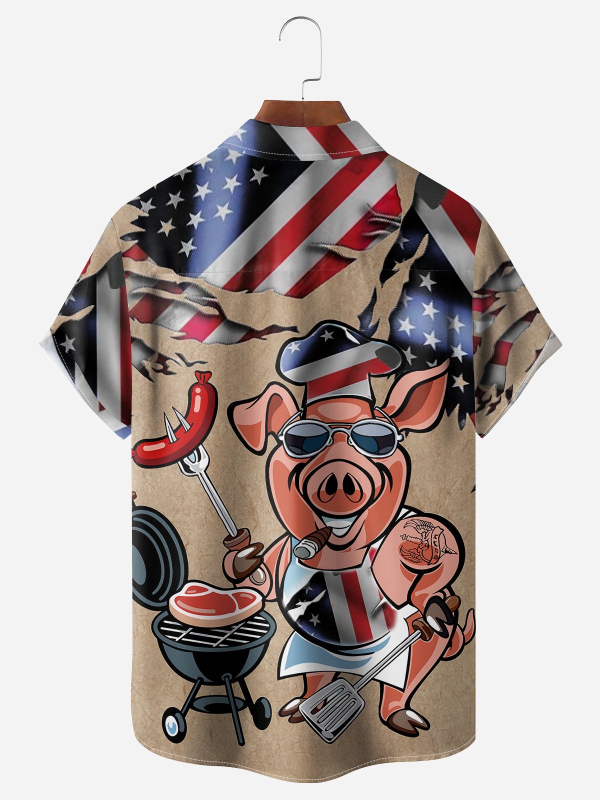 Hardaddy BBQ Pig Cooker Chest Pocket Short Sleeve Casual Shirt