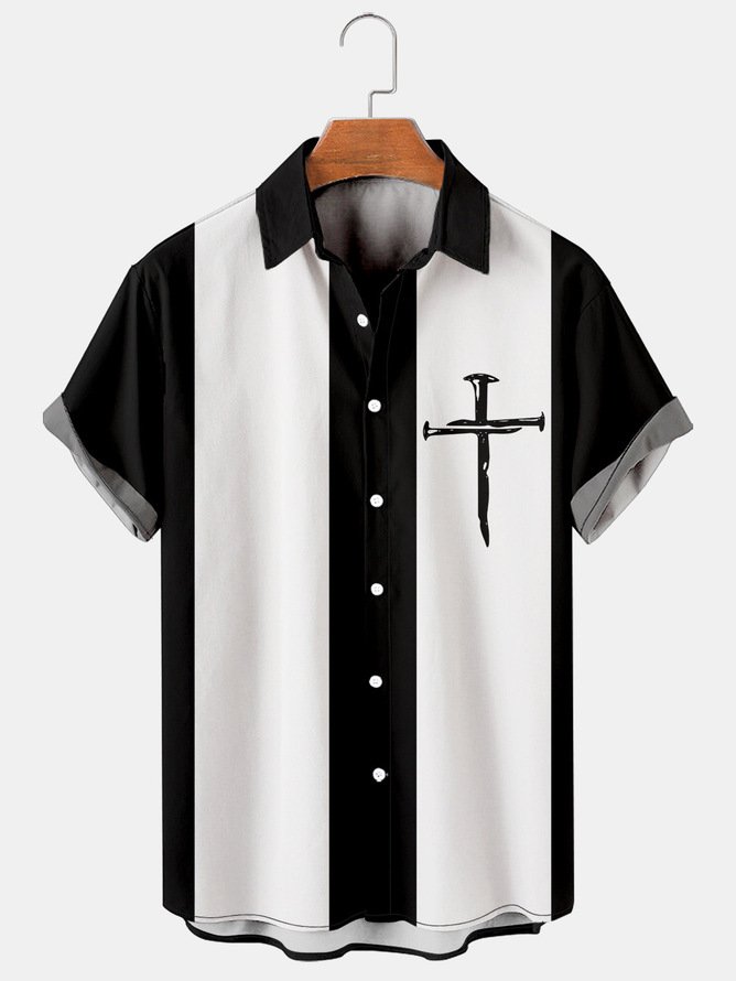 Hardaddy Big Size Crucifix Chest Pocket Short Sleeve Bowling Shirt
