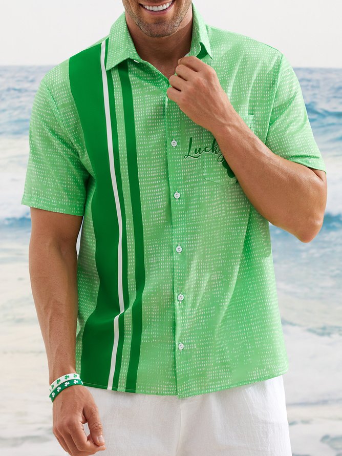 Hardaddy Hawaiian Button Up Shirt for Men Green St. Patrick's Day Lucky Clover Regular Fit Short Sleeve Bowling Shirt St Paddy's Day Shirt