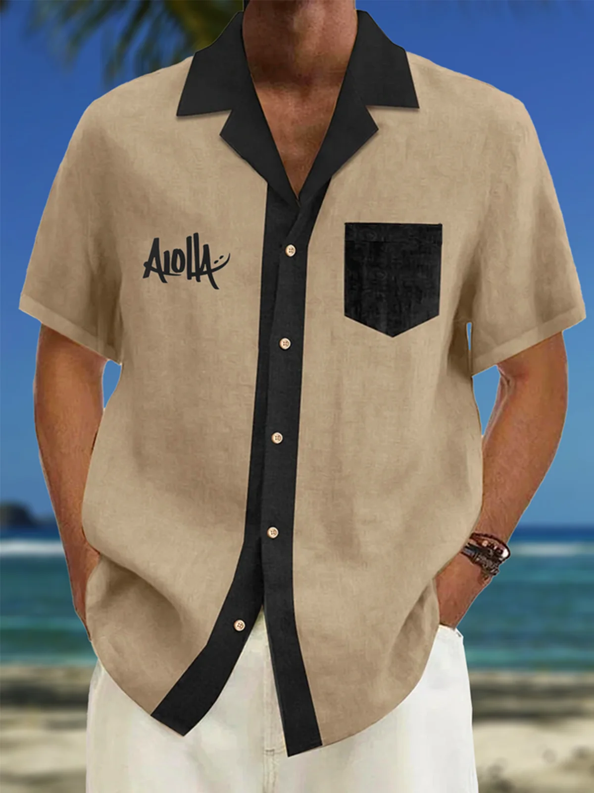 Paneled Color Contrast Breast Pocket Short Sleeve Resort Shirt