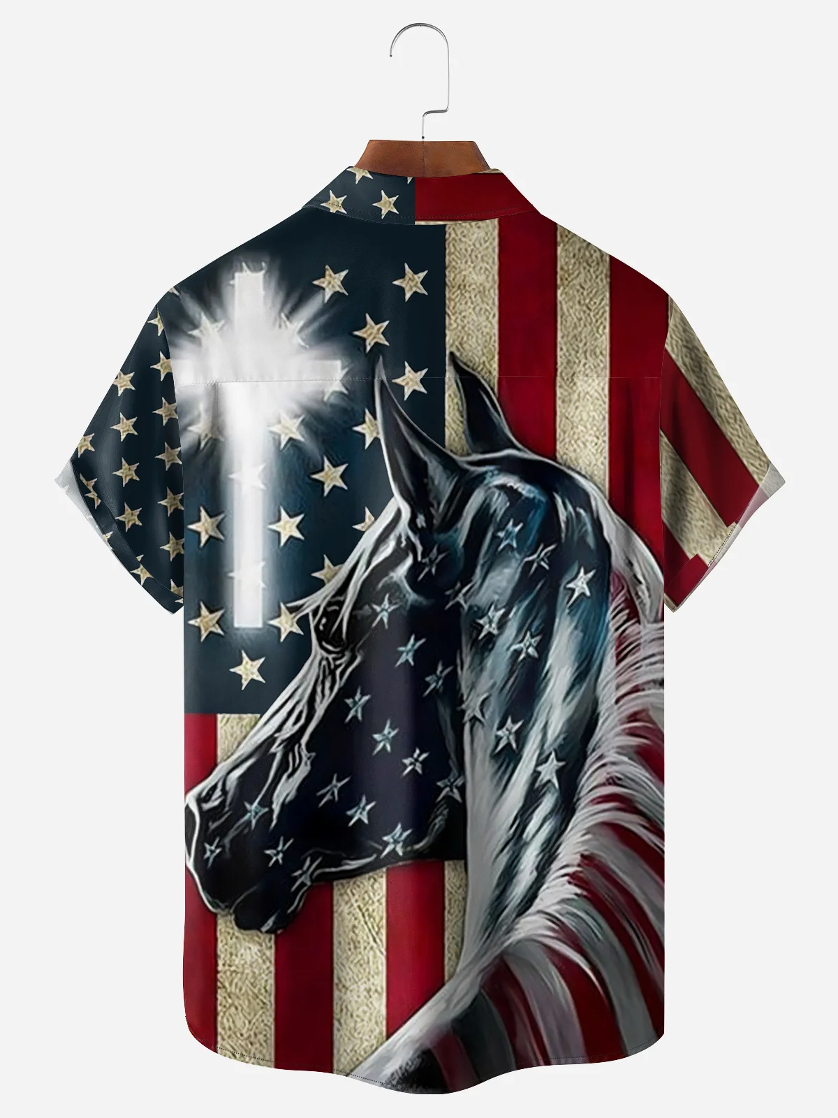 American Flag Horse Chest Pocket Short Sleeve Casual Shirt