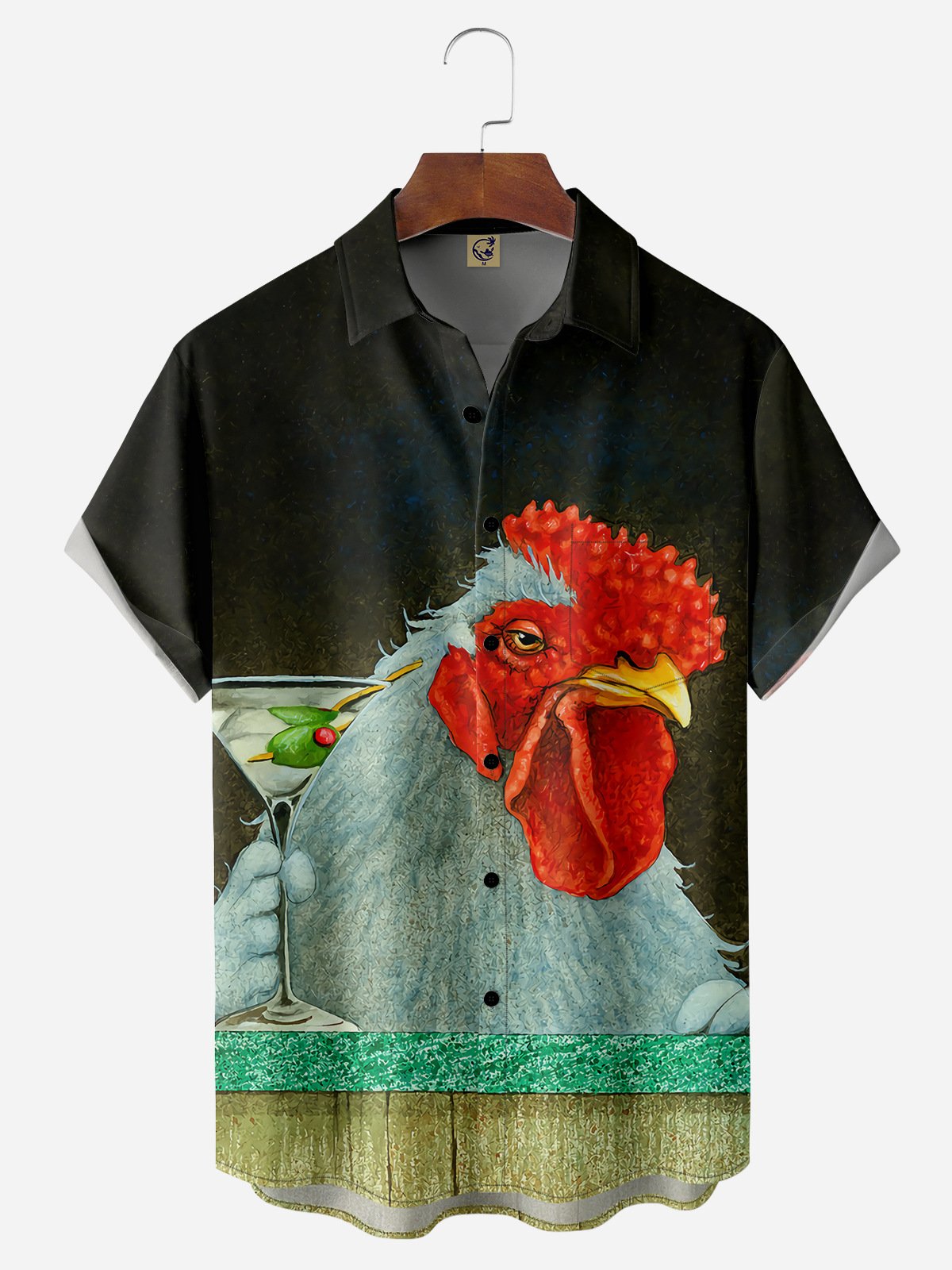 Rooster Drinking Chest Pocket Short Sleeve Hawaiian Shirt