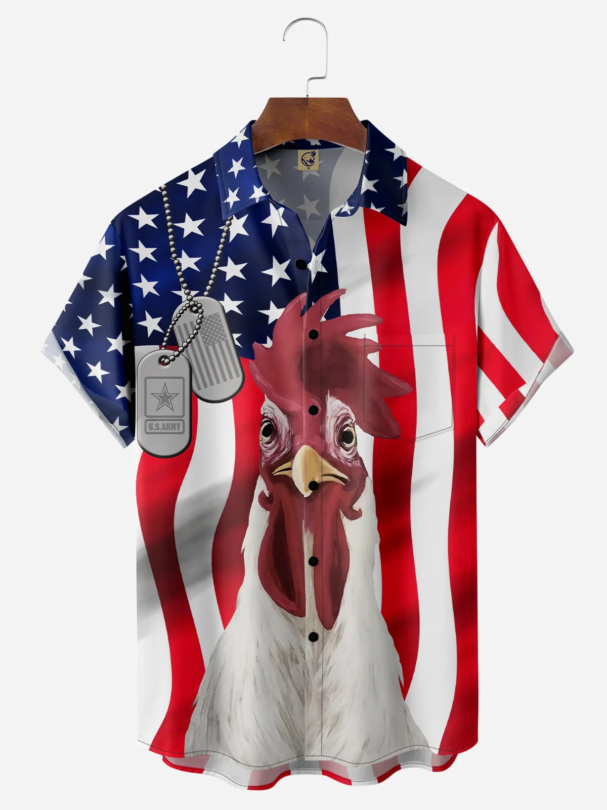 Hardaddy American Flag Fun Rooster Breast Pocket Short Sleeve Casual Shirt