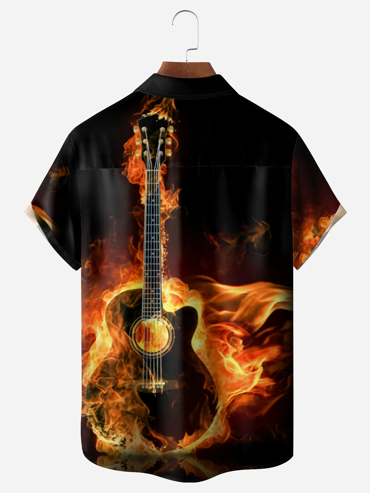 Flame Guitar Chest Pocket Short Sleeve Casual Shirt