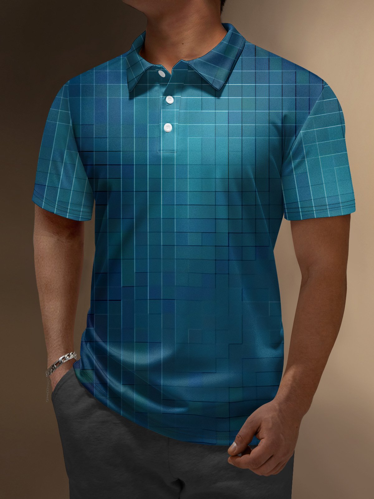 Ombre Geometric Button Short Sleeve Polo Shirt