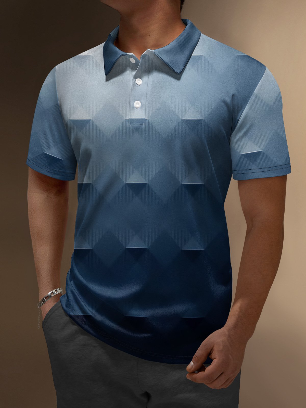 Ombre 3D Geometric Button Short Sleeve Polo Shirt