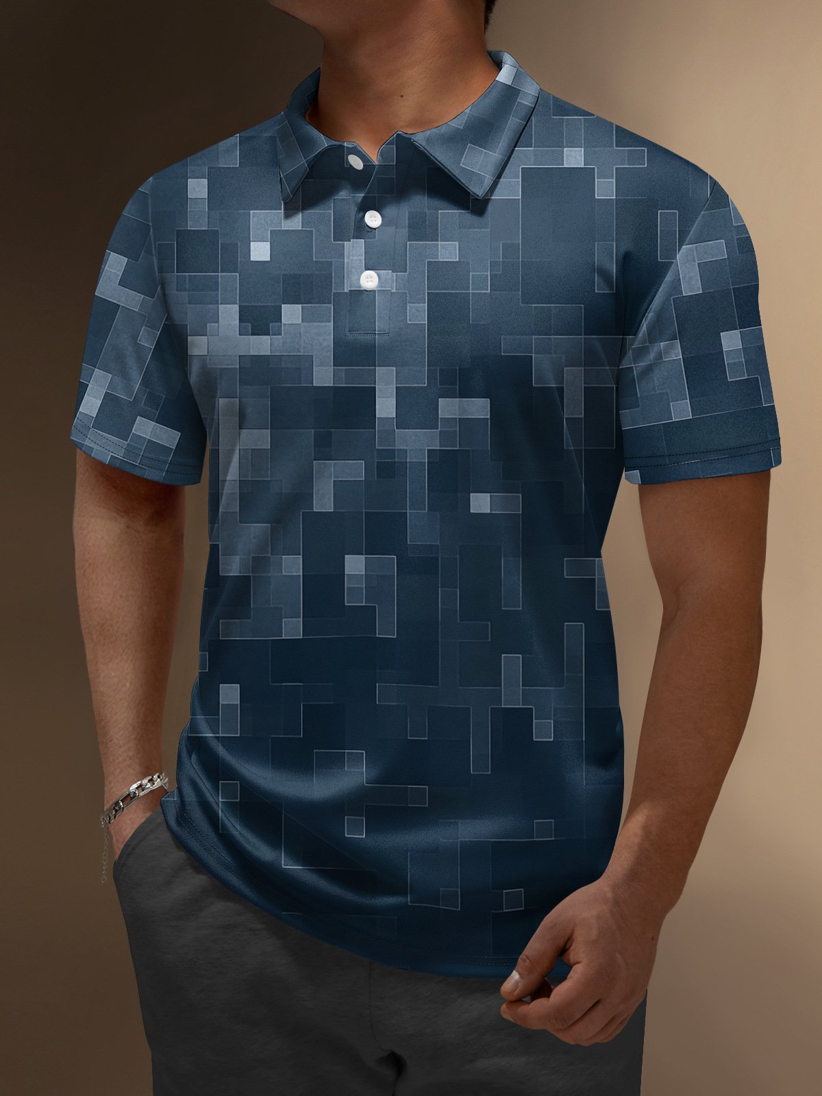 3D Geometric Button Short Sleeve Polo Shirt