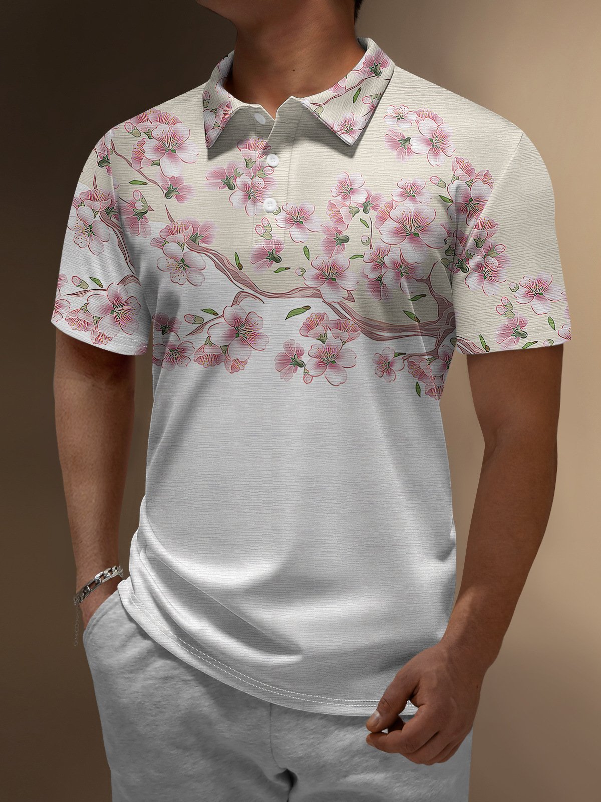 Japanese Sakura Button Short Sleeve Polo Shirt