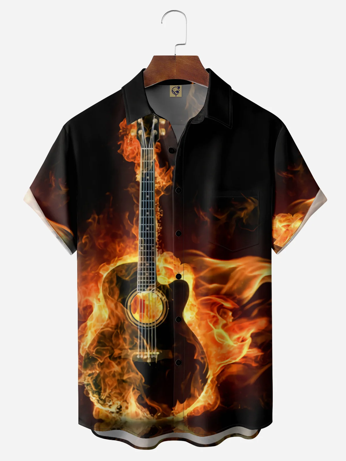 Flame Guitar Chest Pocket Short Sleeve Casual Shirt