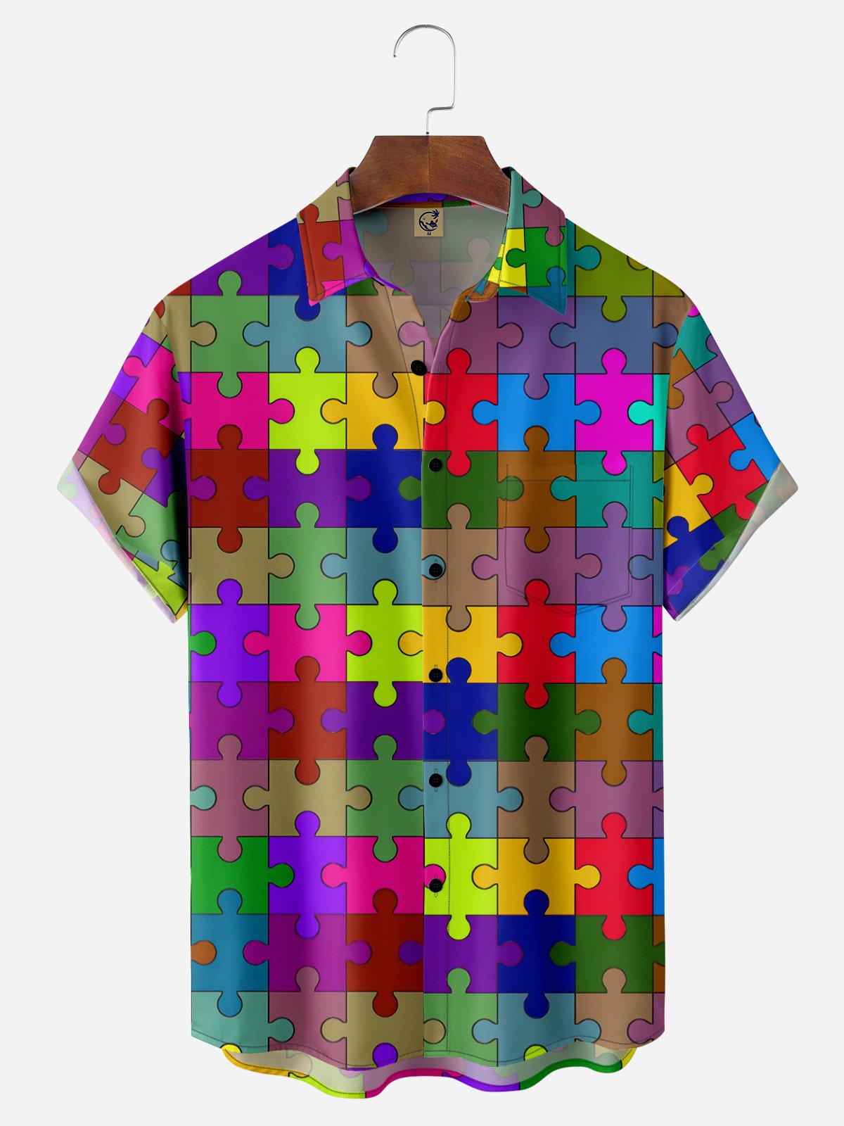 Gradient Color Puzzle Chest Pocket Short Sleeve Casual Shirt
