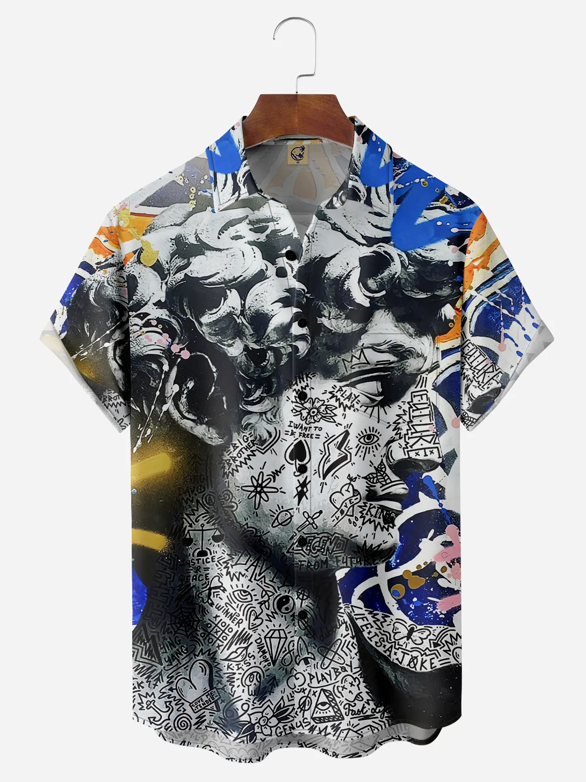 David Sculpture Portrait Art Chest Pocket Short Sleeve Casual Shirt