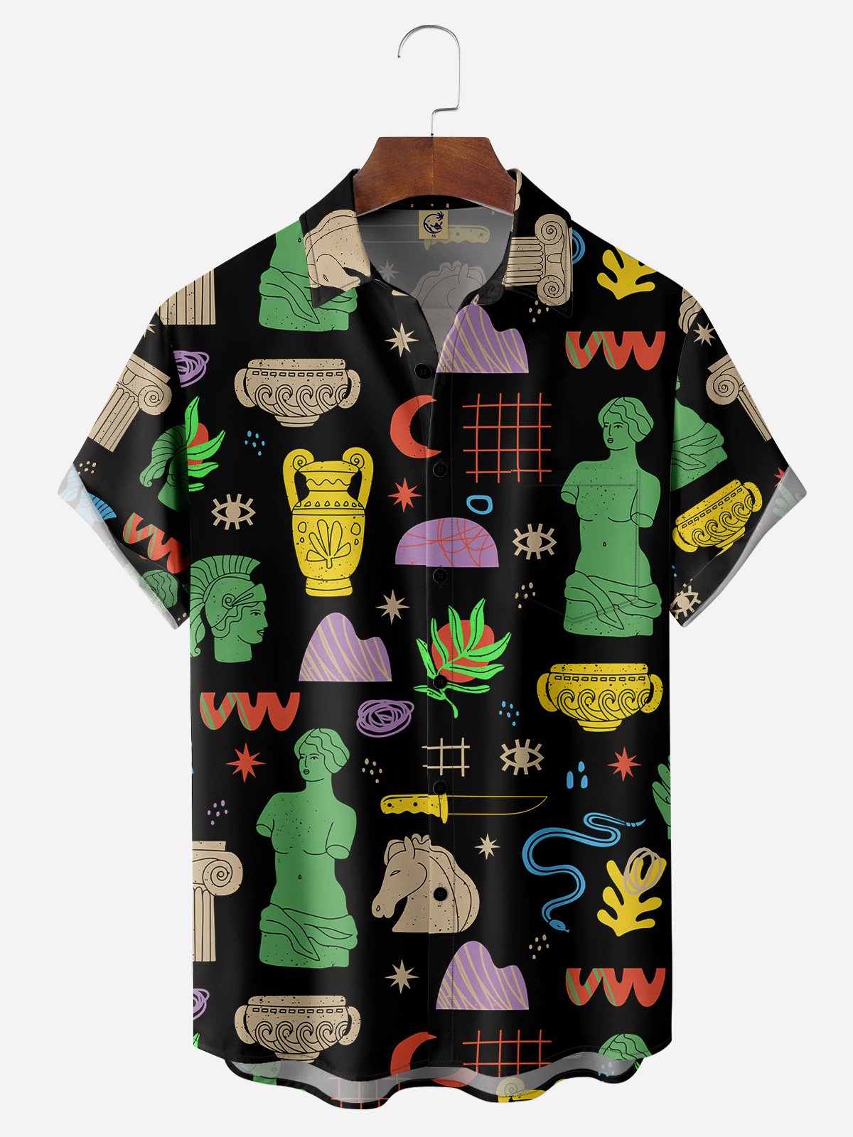 Sculpture Illustration Chest Pocket Short Sleeve Casual Shirt