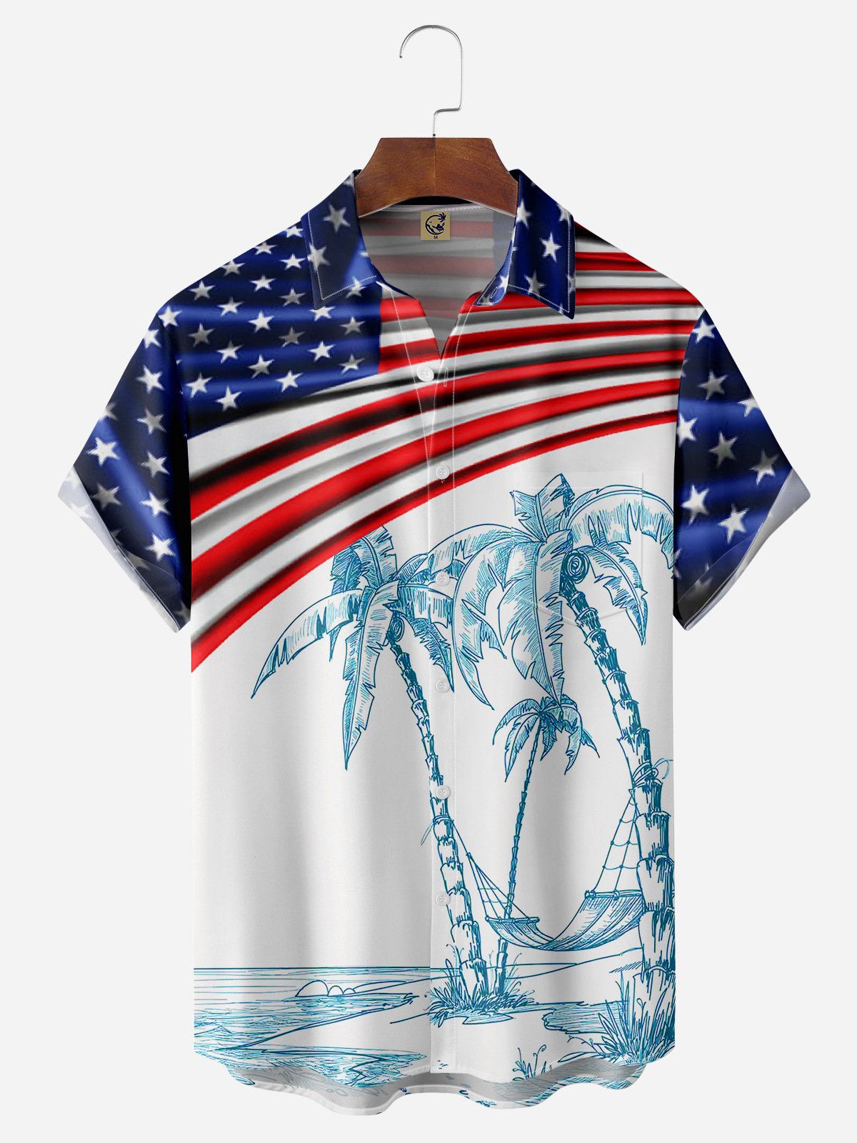 Palm Tree American Flag Chest Pocket Short Sleeve Casual Shirt