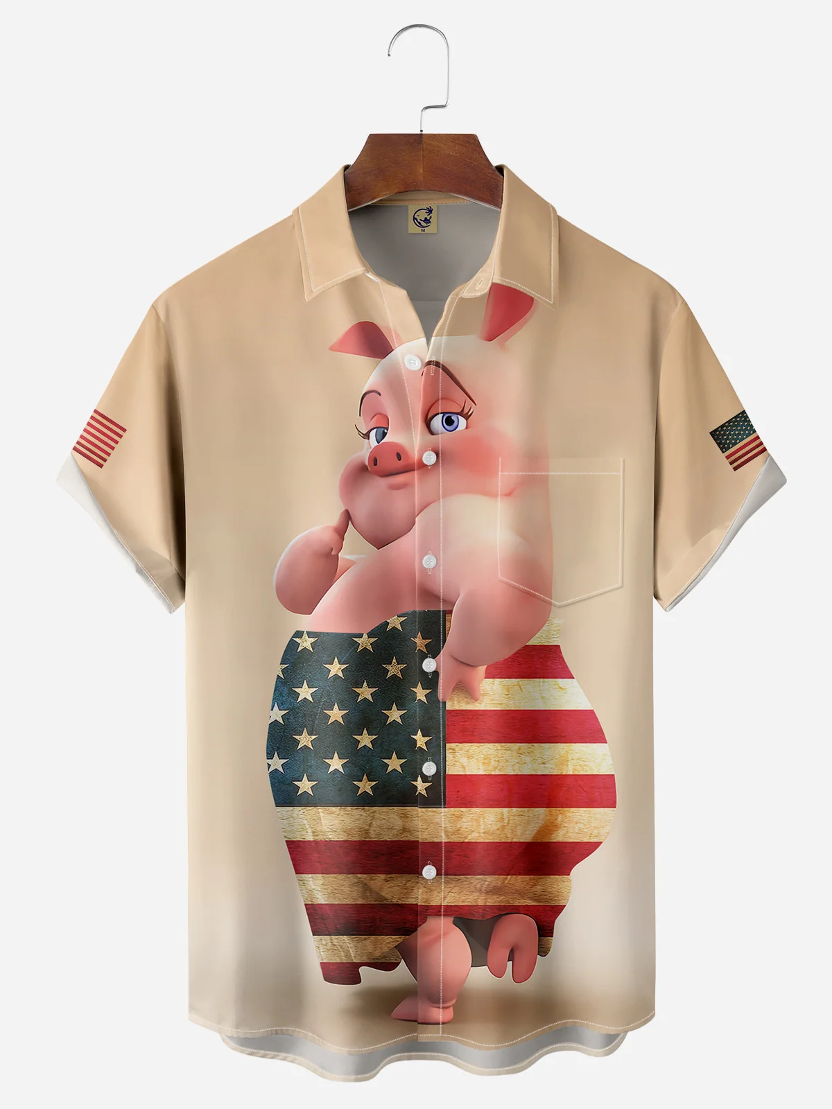 American Flag Fun Pig Chest Pocket Short Sleeve Casual Shirt