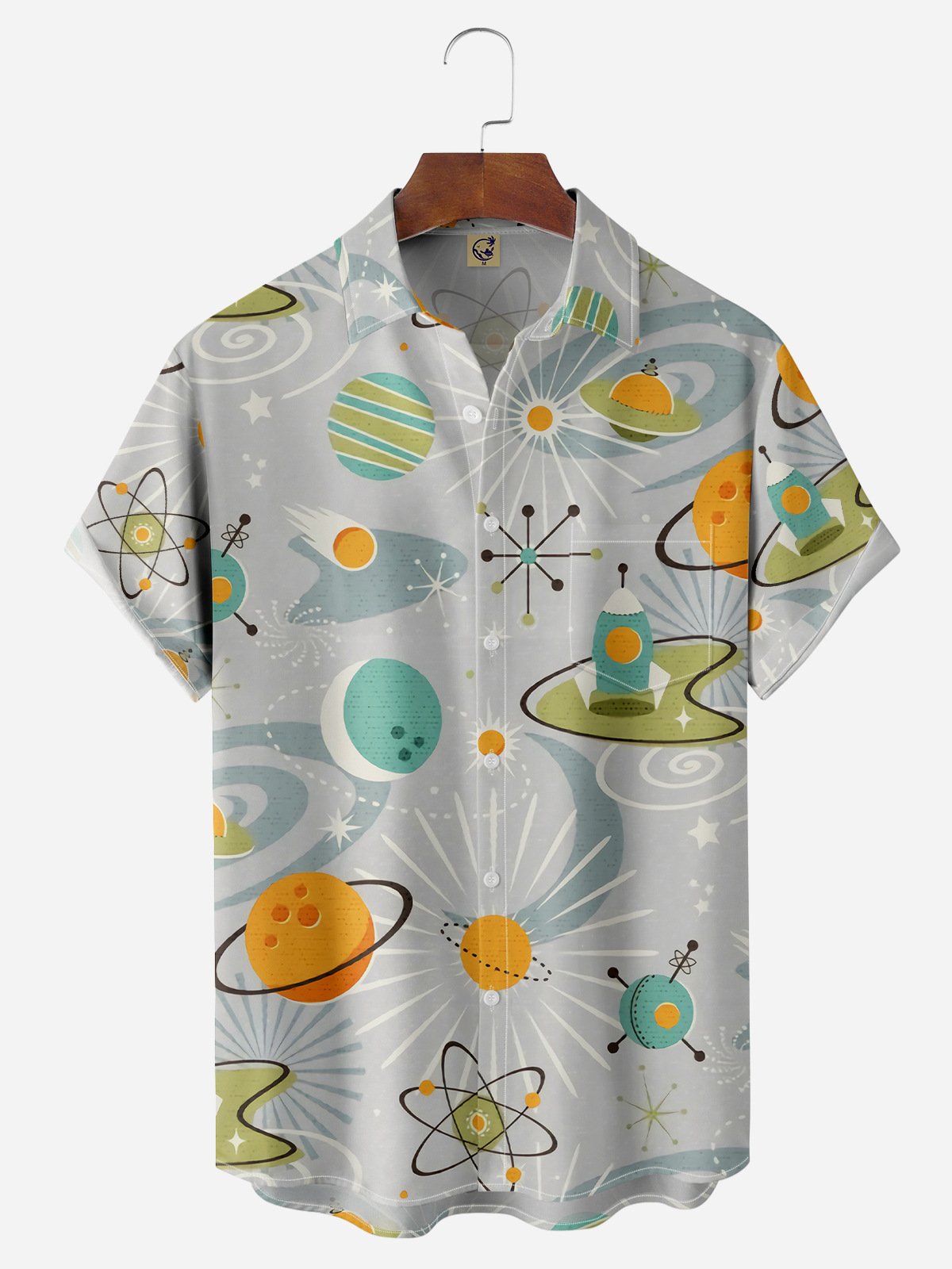 Mid Centruy Rocket Chest Pocket Short Sleeve Casual Shirt
