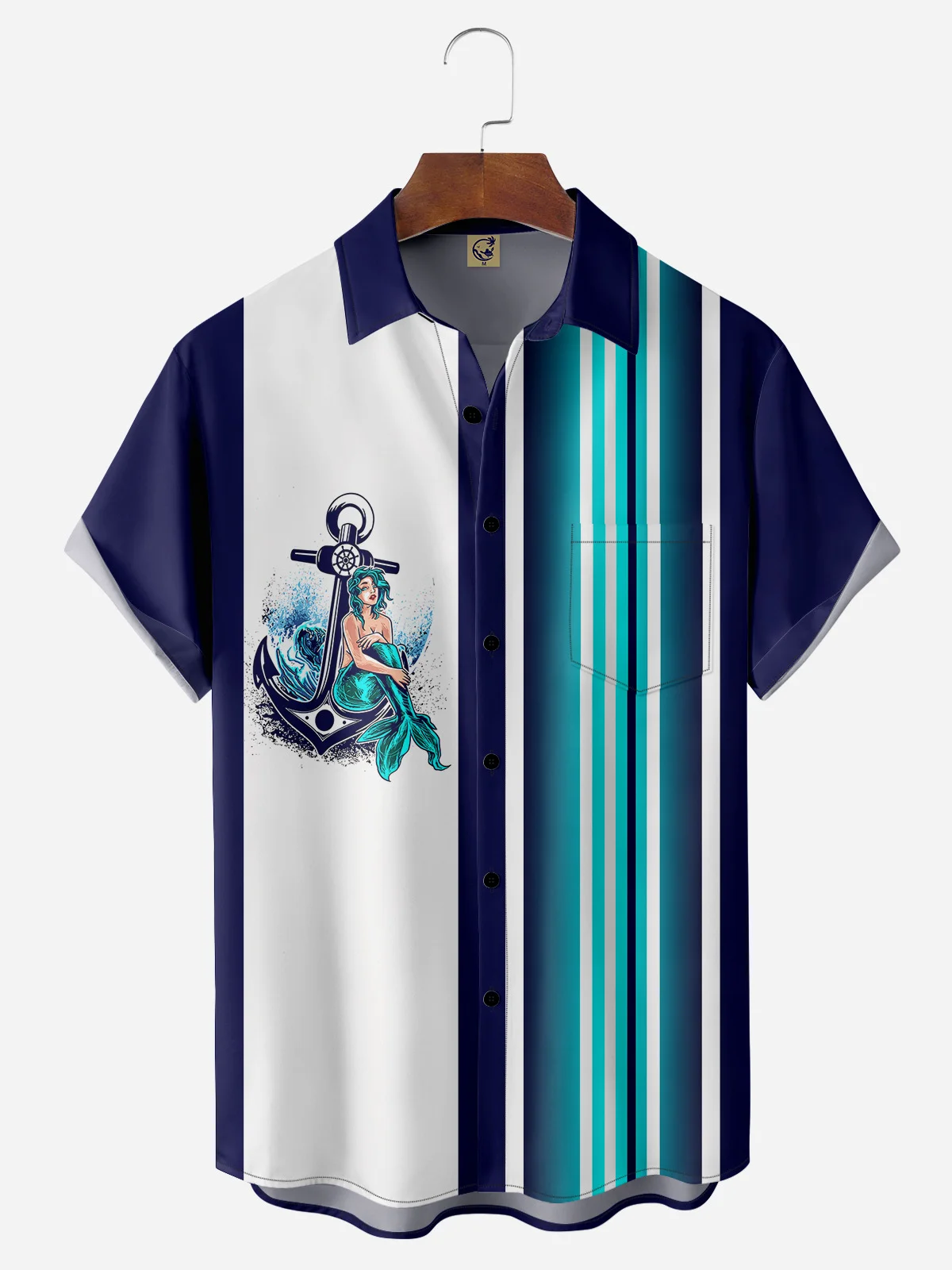 Mermaid Chest Pocket Short Sleeve Bowling Shirt